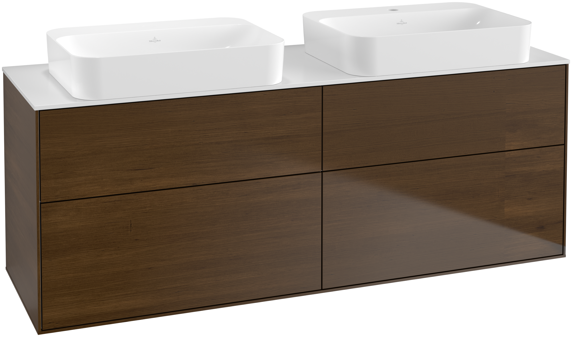 Villeroy & Boch Finion Mobile sottolavabo, con illuminazione, 4 vani estraibili, 1600x603x501mm, Corpo: Walnut Veneer, Fronte: Walnut Veneer, Piastra di copertura: Glass White Matt