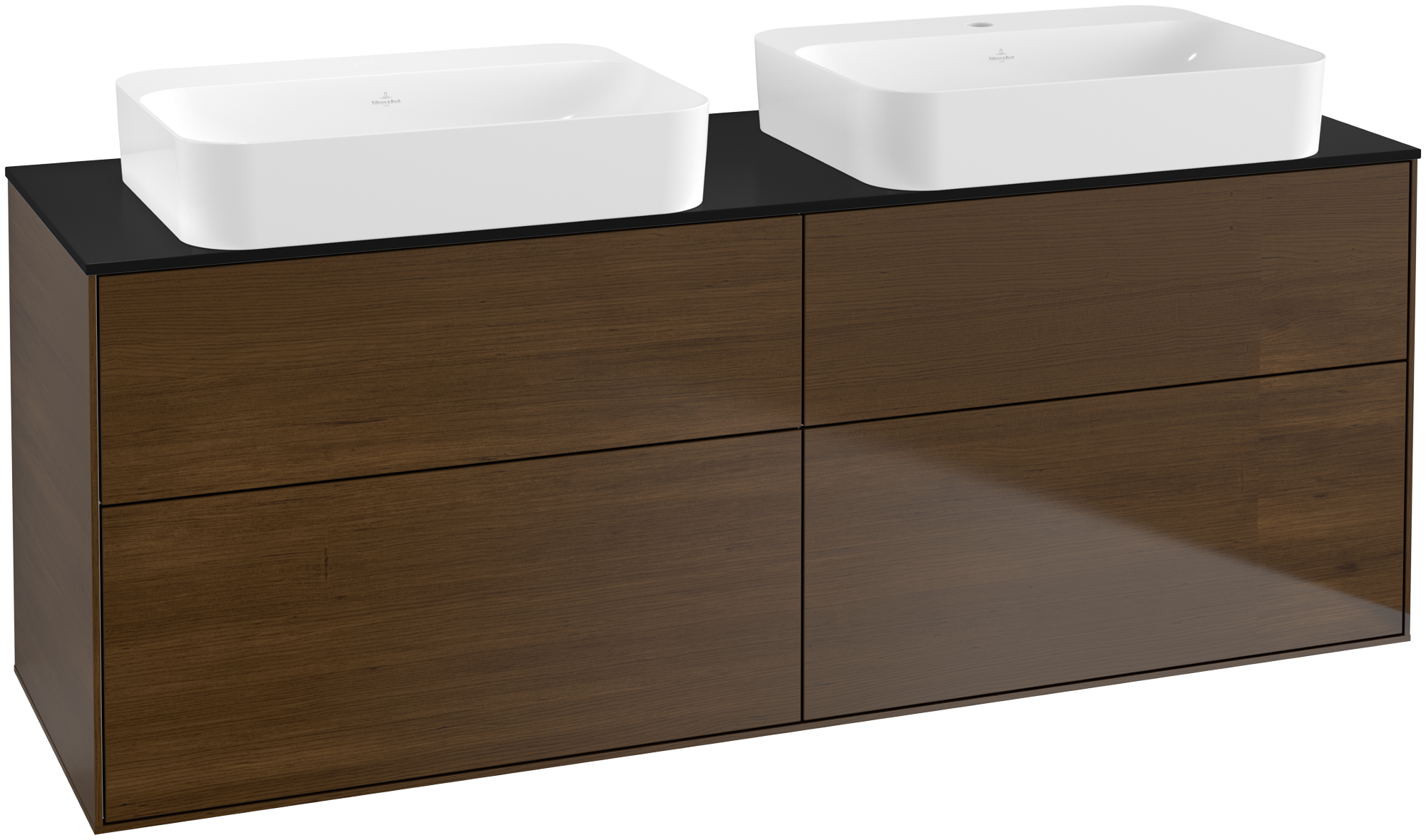 Villeroy & Boch Finion Mobile sottolavabo, con illuminazione, 4 vani estraibili, 1600x603x501mm, Corpo: Walnut Veneer, Fronte: Walnut Veneer, Piastra di copertura: Glass Black Matt