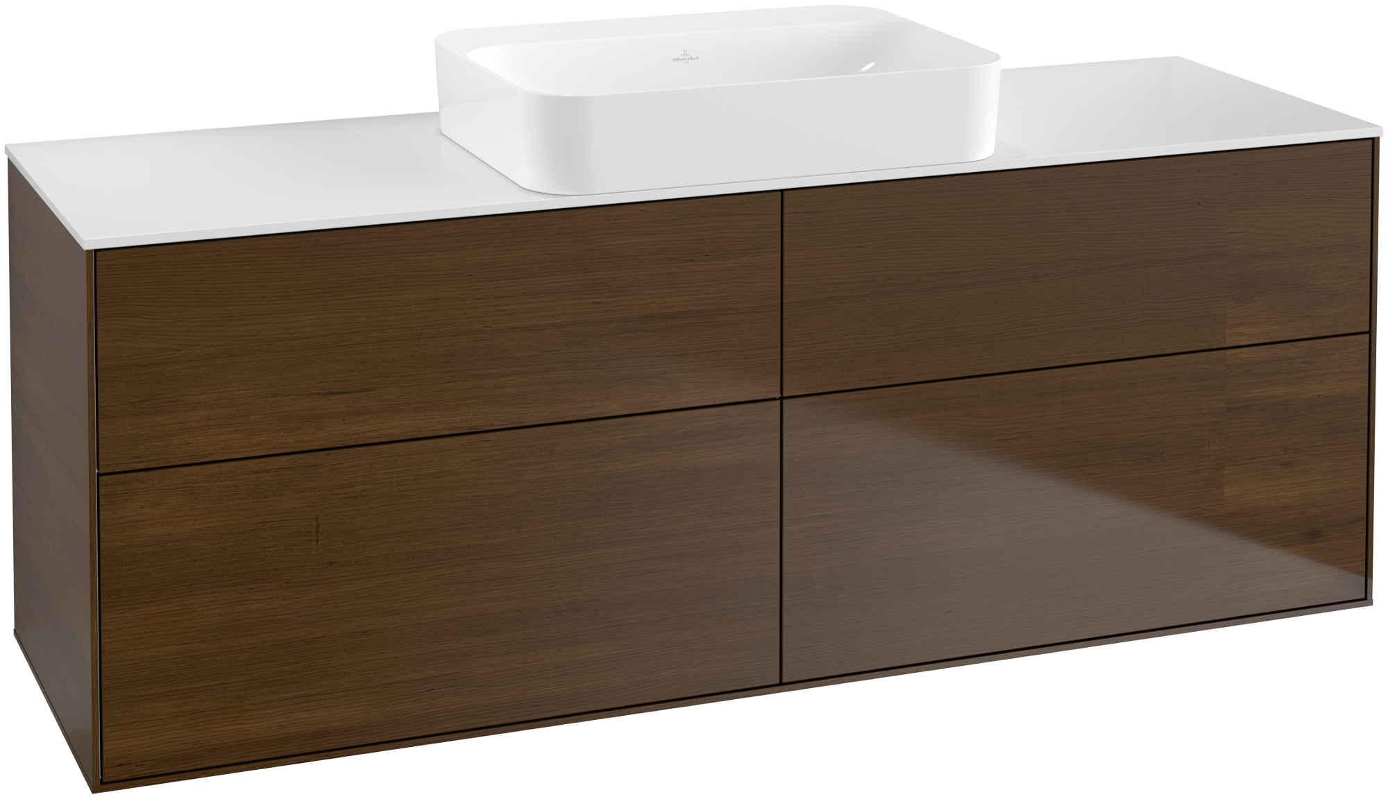 Villeroy & Boch Finion Meuble sous plan, avec éclairage, 4 tiroirs sur rails, 1600x603x501mm, Caisson: Walnut Veneer, Façade: Walnut Veneer, Plaque de recouvrement: Glass White Matt