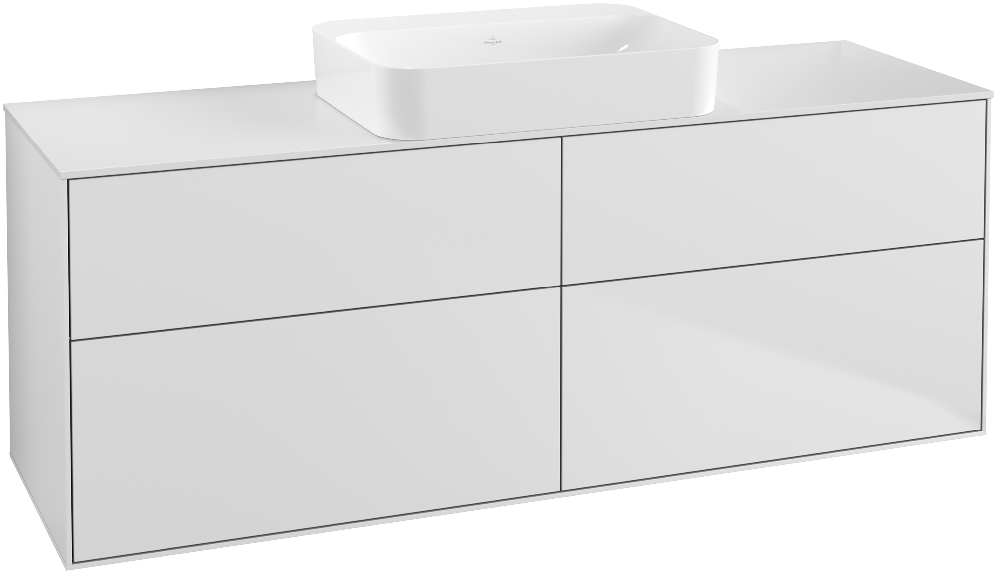 Villeroy & Boch Finion Meuble sous plan, avec éclairage, 4 tiroirs sur rails, 1600x603x501mm, Caisson: White Matt Lacquer, Façade: White Matt Lacquer, Plaque de recouvrement: Glass White Matt