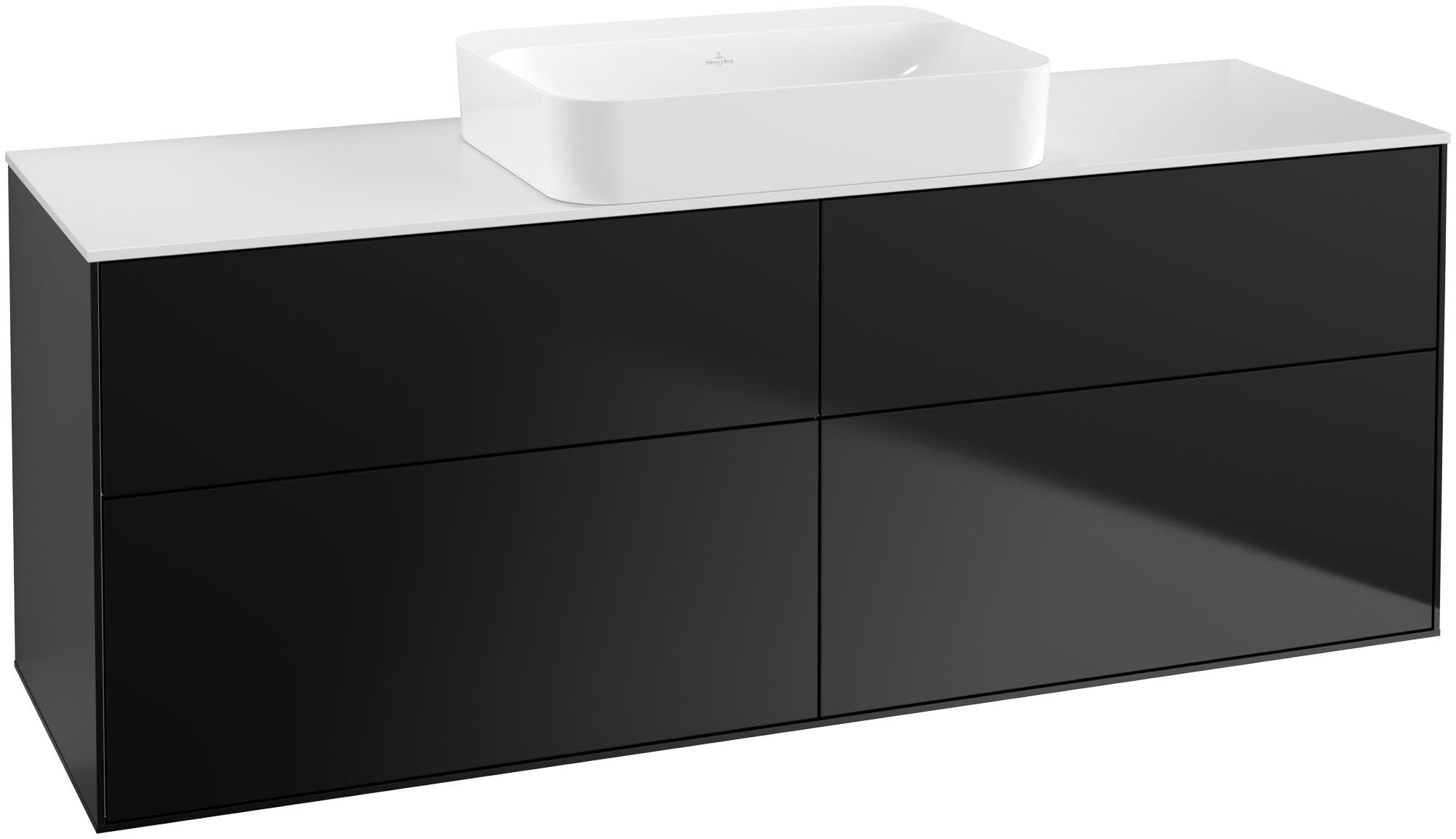Villeroy & Boch Finion Meuble sous plan, avec éclairage, 4 tiroirs sur rails, 1600x603x501mm, Caisson: Black Matt Lacquer, Façade: Black Matt Lacquer, Plaque de recouvrement: Glass White Matt