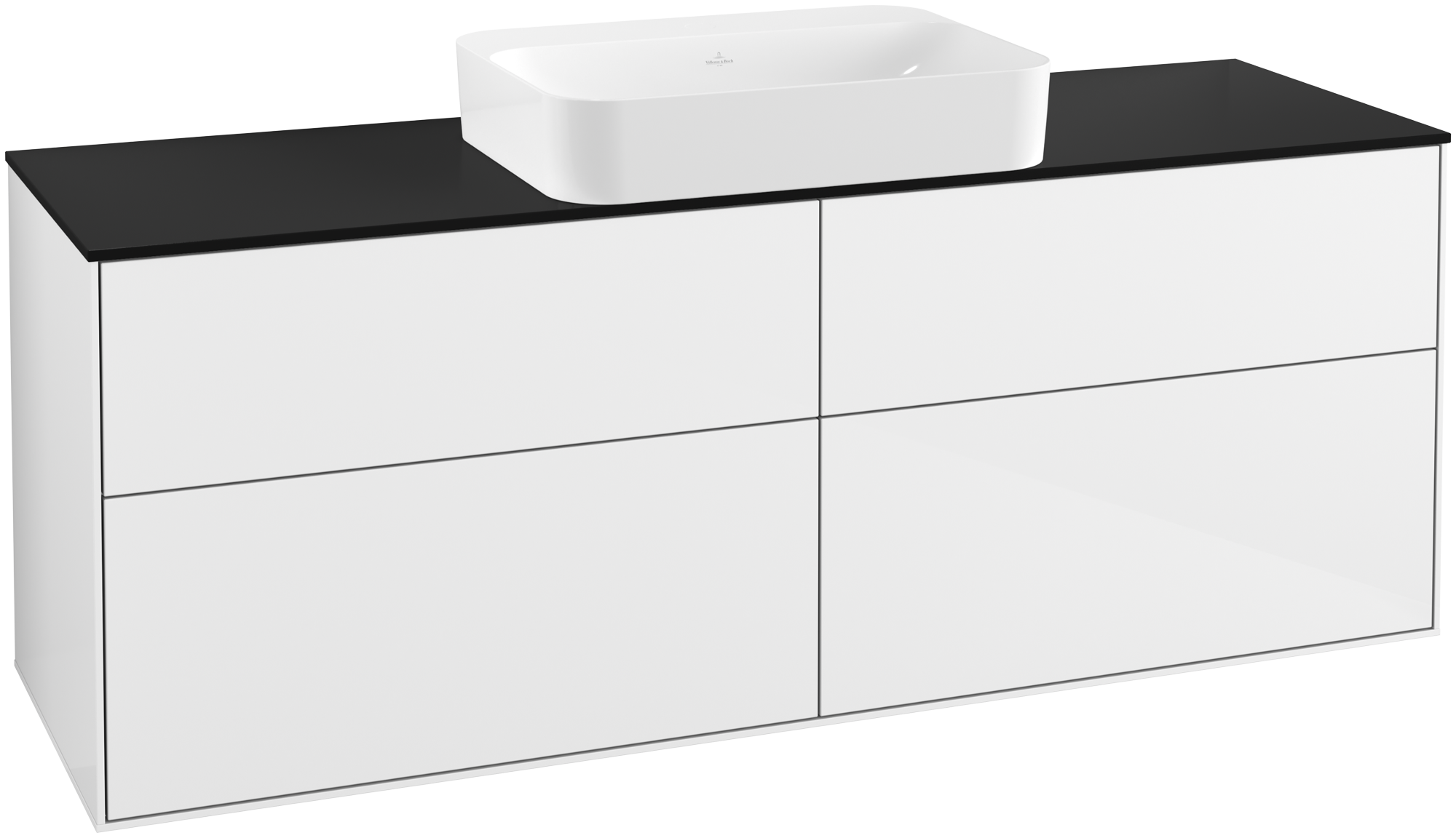 Villeroy & Boch Finion Meuble sous plan, avec éclairage, 4 tiroirs sur rails, 1600x603x501mm, Caisson: Glossy White Lacquer, Façade: Glossy White Lacquer, Plaque de recouvrement: Glass Black Matt