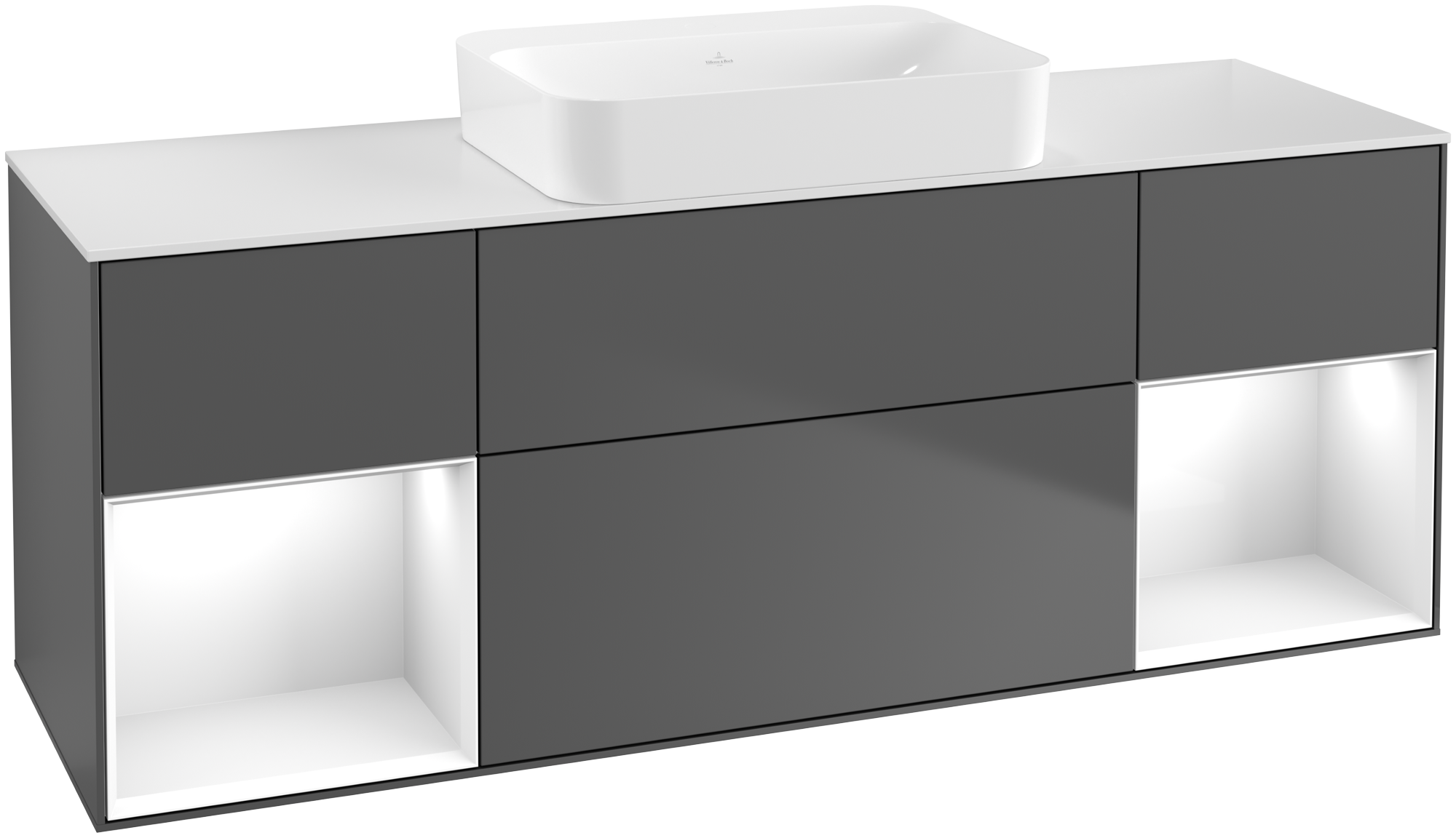 Villeroy & Boch Finion Meuble sous plan, avec éclairage, 4 tiroirs sur rails, 1600x603x501mm, Caisson: Anthracite Matt Lacquer, Façade: Anthracite Matt Lacquer, Élément d’étagère: Glossy White Lacquer, Plaque de recouvrement: Glass White Matt