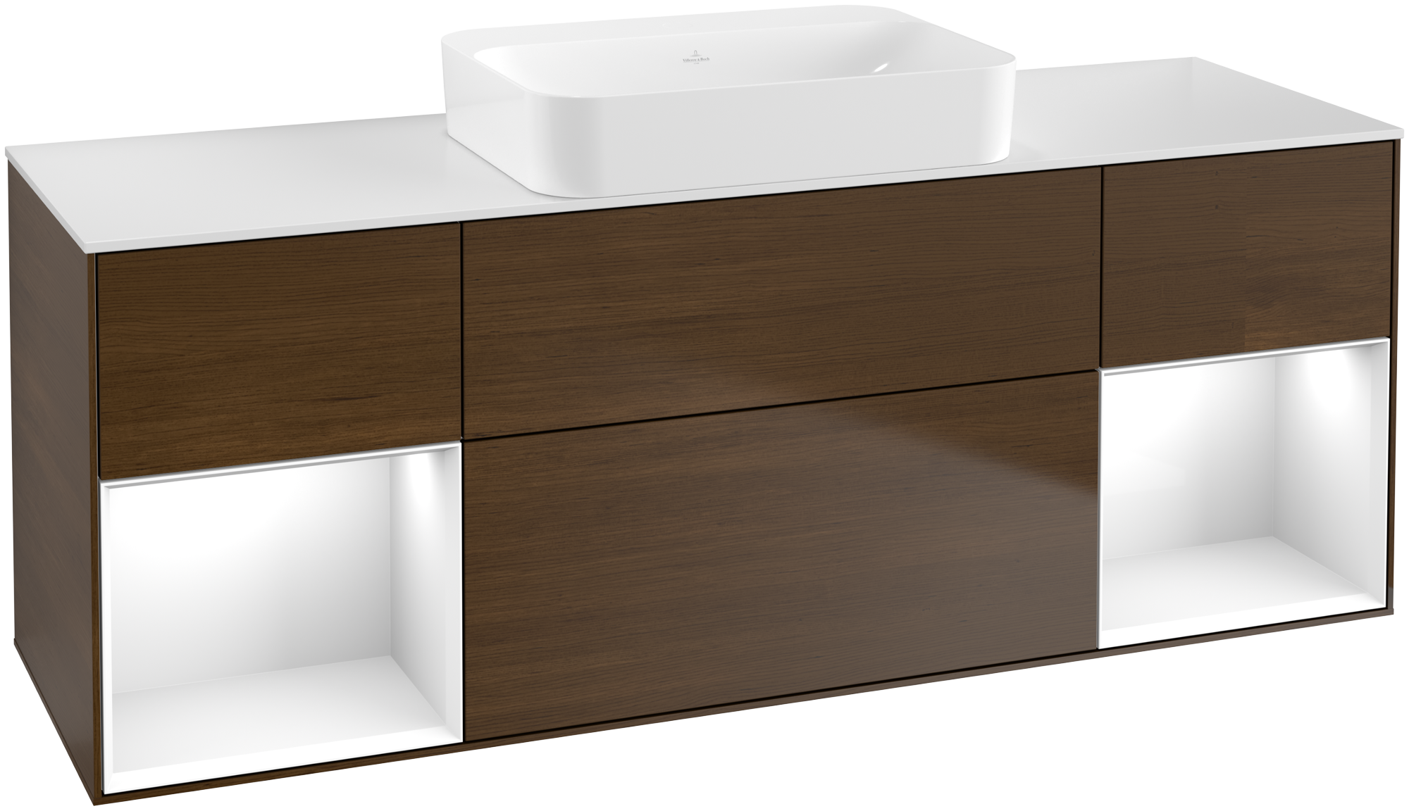 Villeroy & Boch Finion Meuble sous plan, avec éclairage, 4 tiroirs sur rails, 1600x603x501mm, Caisson: Walnut Veneer, Façade: Walnut Veneer, Élément d’étagère: Glossy White Lacquer, Plaque de recouvrement: Glass White Matt