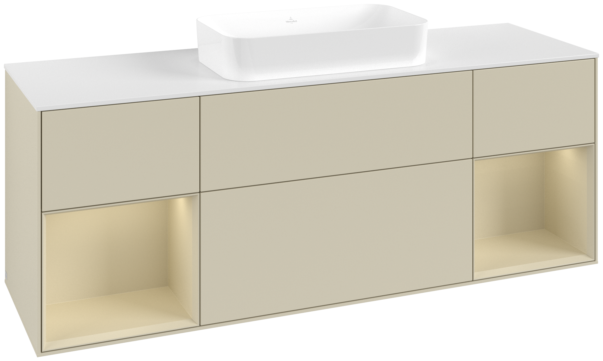 Villeroy & Boch Finion Waschbeckenunterschrank, mit Beleuchtung, 4 Auszüge, 1600x603x501mm, Korpus: Silk Grey Matt Lacquer, Front: Silk Grey Matt Lacquer, Regalelement: Silk Grey Matt Lacquer, Abdeckplatte: Glass White Matt