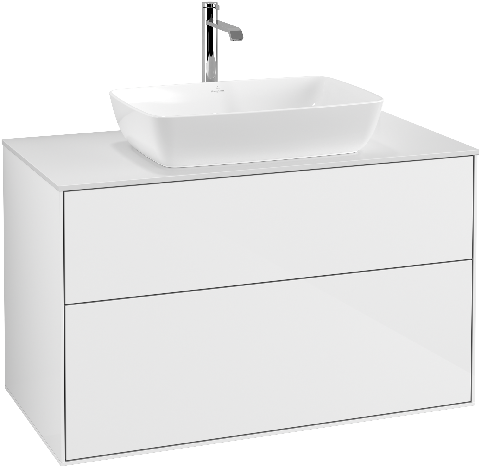 Villeroy & Boch Finion Waschbeckenunterschrank, mit Beleuchtung, 2 Auszüge, 1000x603x501mm, Korpus: Glossy White Lacquer, Front: Glossy White Lacquer, Abdeckplatte: Glass White Matt