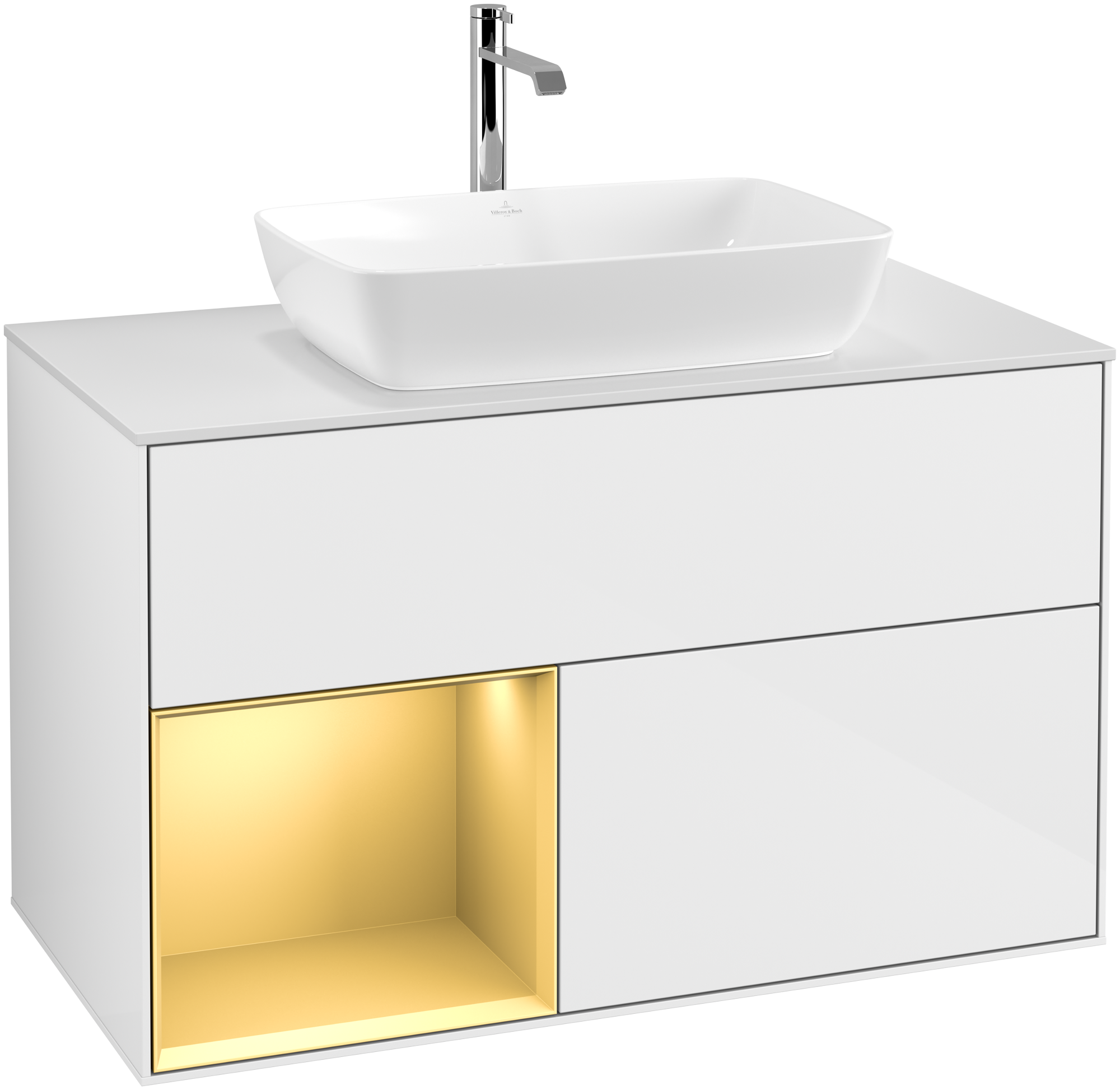 Villeroy & Boch Finion Vanity unit, with lighting, 2 pull-out compartments, 1000x603x501mm, Body: Glossy White Lacquer, Front: Glossy White Lacquer, Shelf: Gold Matt Lacquer, Cover plate: Glass White Matt