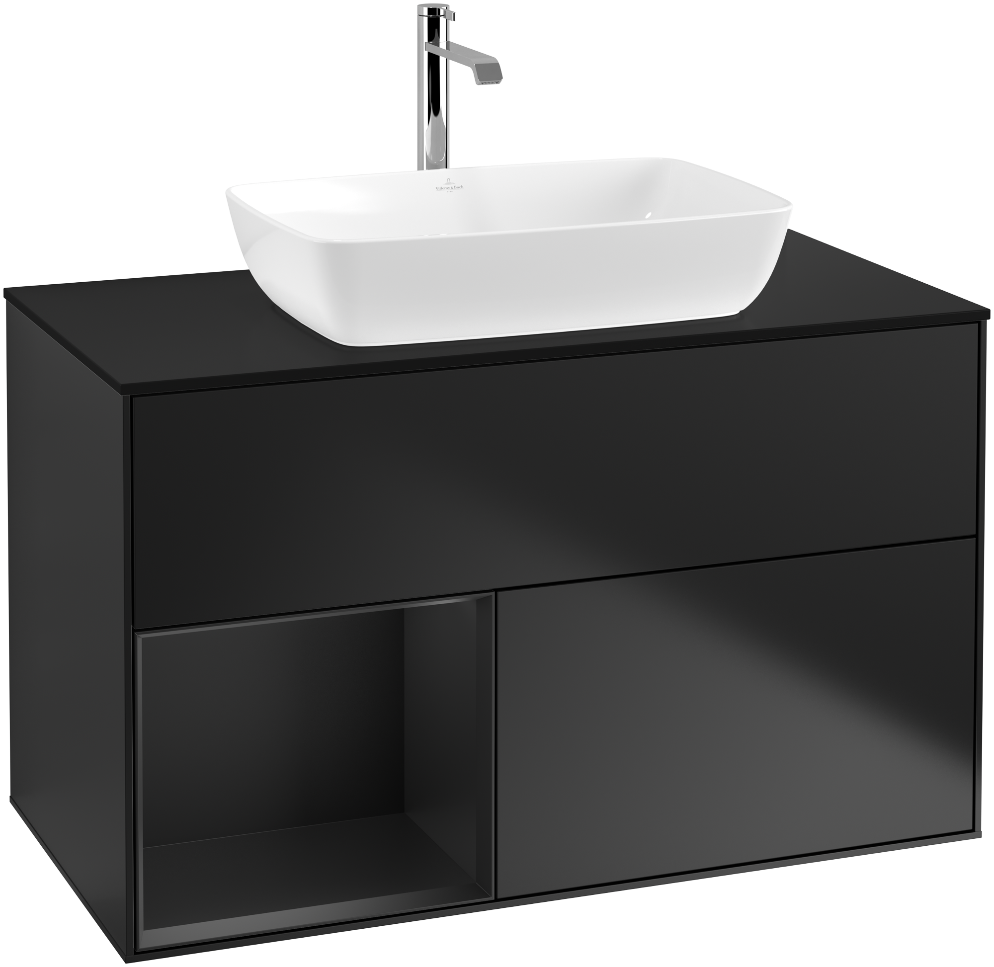 Villeroy & Boch Finion Waschbeckenunterschrank, mit Beleuchtung, 2 Auszüge, 1000x603x501mm, Korpus: Black Matt Lacquer, Front: Black Matt Lacquer, Regalelement: Black Matt Lacquer, Abdeckplatte: Glass Black Matt