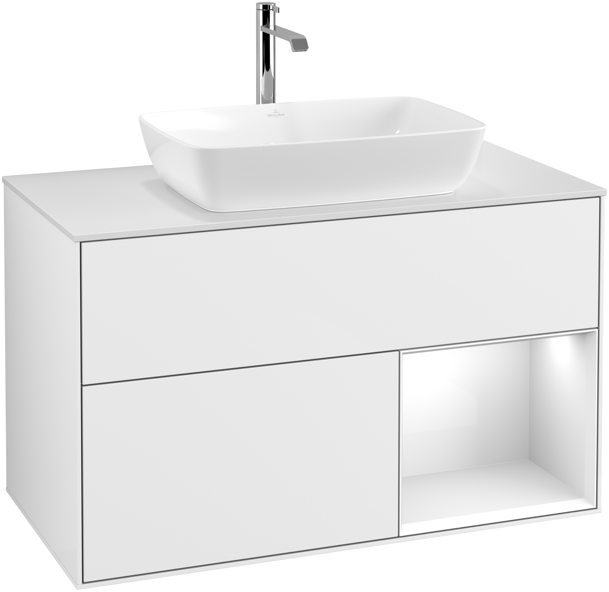 Villeroy & Boch Finion Vanity unit, with lighting, 2 pull-out compartments, 1000x603x501mm, Body: Glossy White Lacquer, Front: Glossy White Lacquer, Shelf: Glossy White Lacquer, Cover plate: Glass White Matt