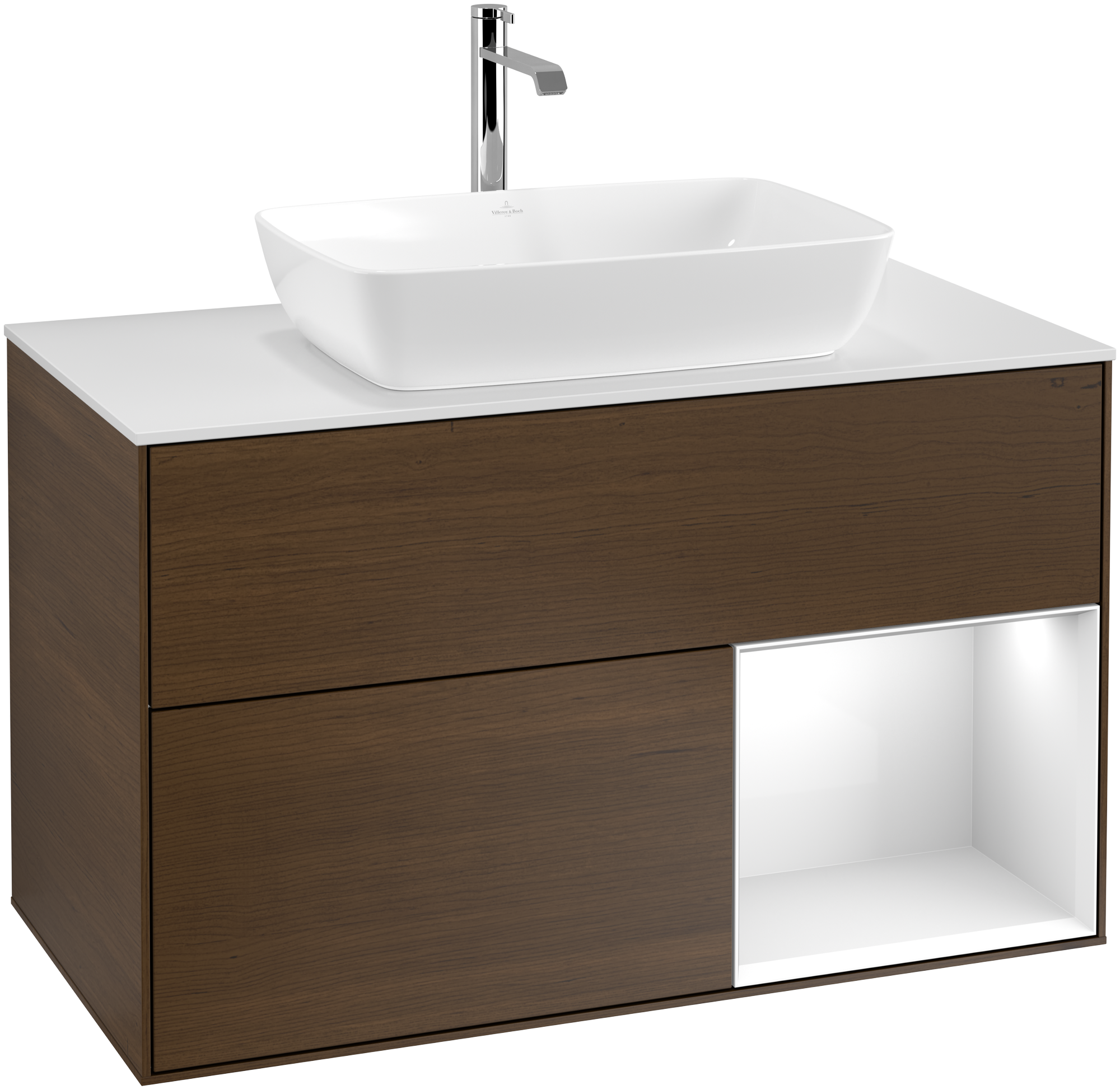 Villeroy & Boch Finion Vanity unit, with lighting, 2 pull-out compartments, 1000x603x501mm, Body: Walnut Veneer, Front: Walnut Veneer, Shelf: Glossy White Lacquer, Cover plate: Glass White Matt