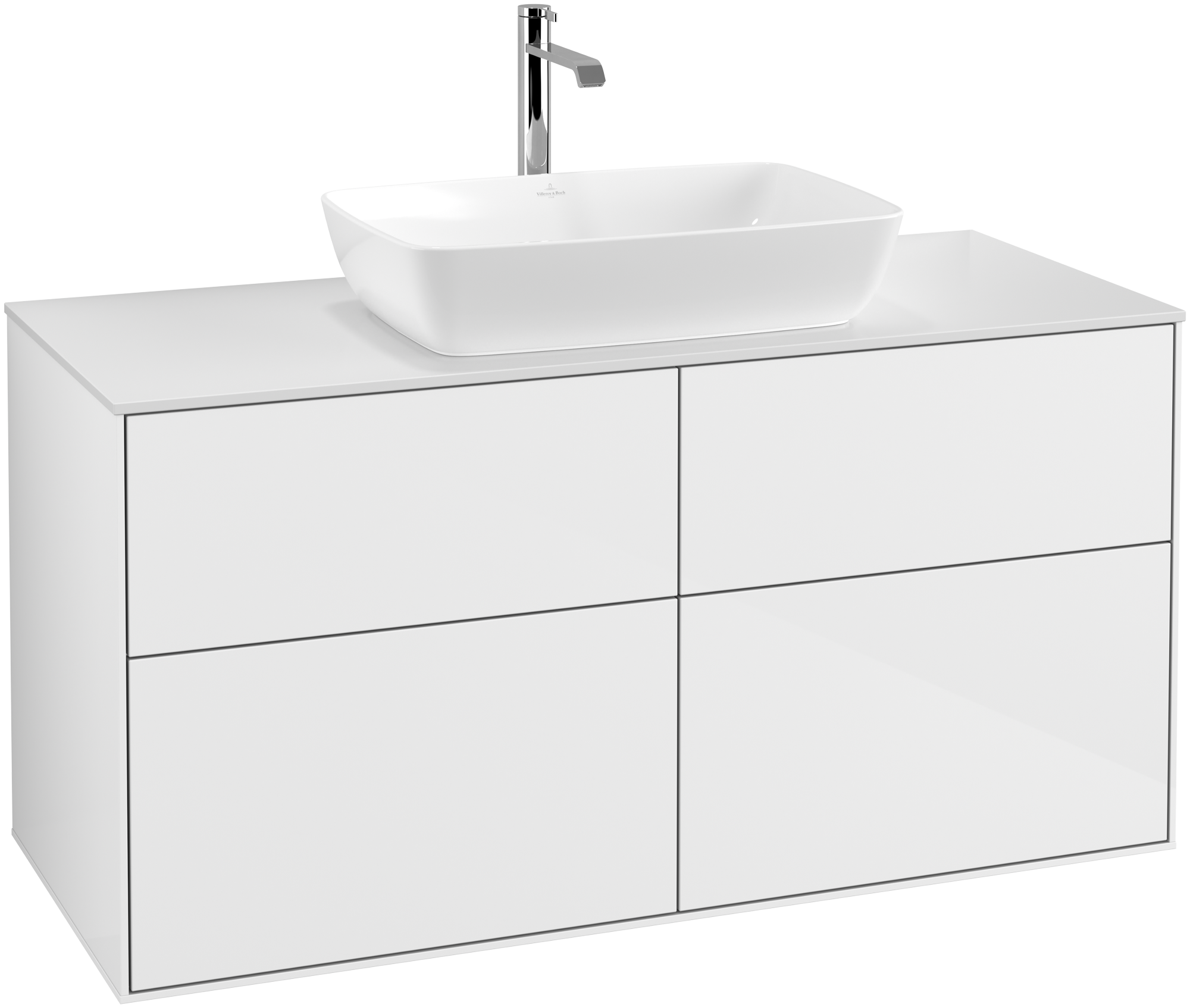 Villeroy & Boch Finion Waschbeckenunterschrank, mit Beleuchtung, 4 Auszüge, 1200x603x501mm, Korpus: Glossy White Lacquer, Front: Glossy White Lacquer, Abdeckplatte: Glass White Matt