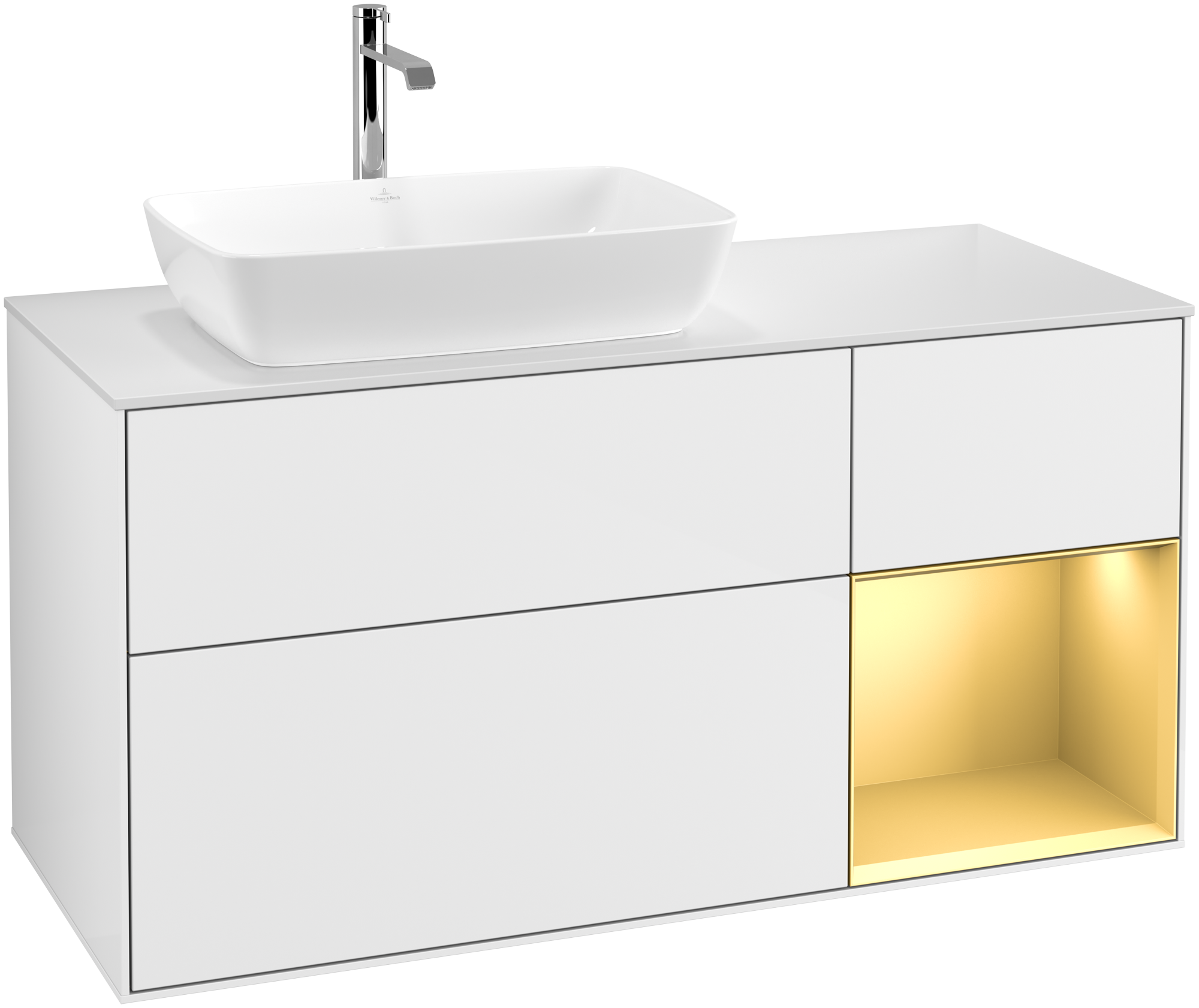 Villeroy & Boch Finion Waschbeckenunterschrank, mit Beleuchtung, 3 Auszüge, 1200x603x501mm, Korpus: Glossy White Lacquer, Front: Glossy White Lacquer, Regalelement: Gold Matt Lacquer, Abdeckplatte: Glass White Matt