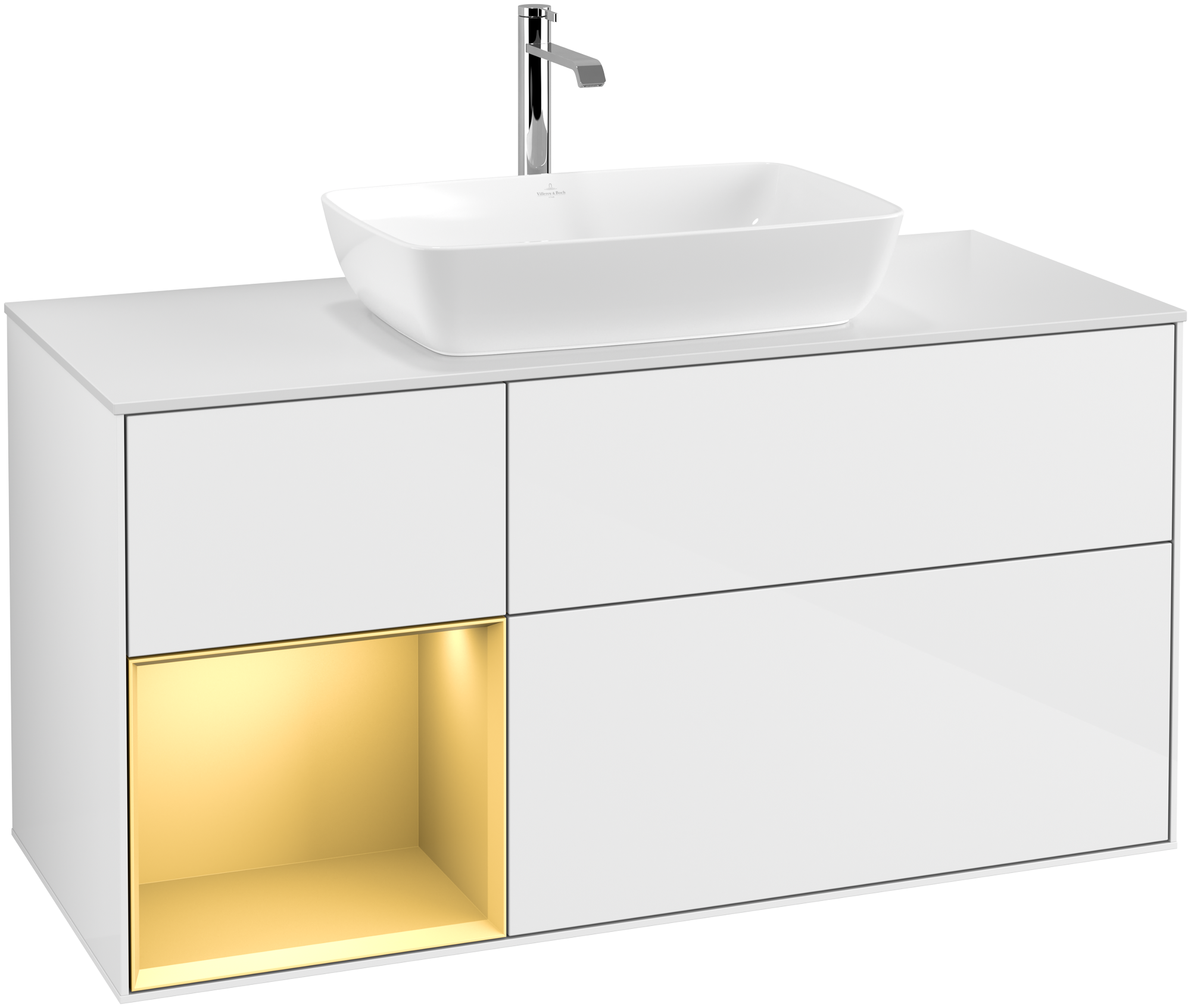 Villeroy & Boch Finion Vanity unit, with lighting, 3 pull-out compartments, 1200x603x501mm, Body: Glossy White Lacquer, Front: Glossy White Lacquer, Shelf: Gold Matt Lacquer, Cover plate: Glass White Matt