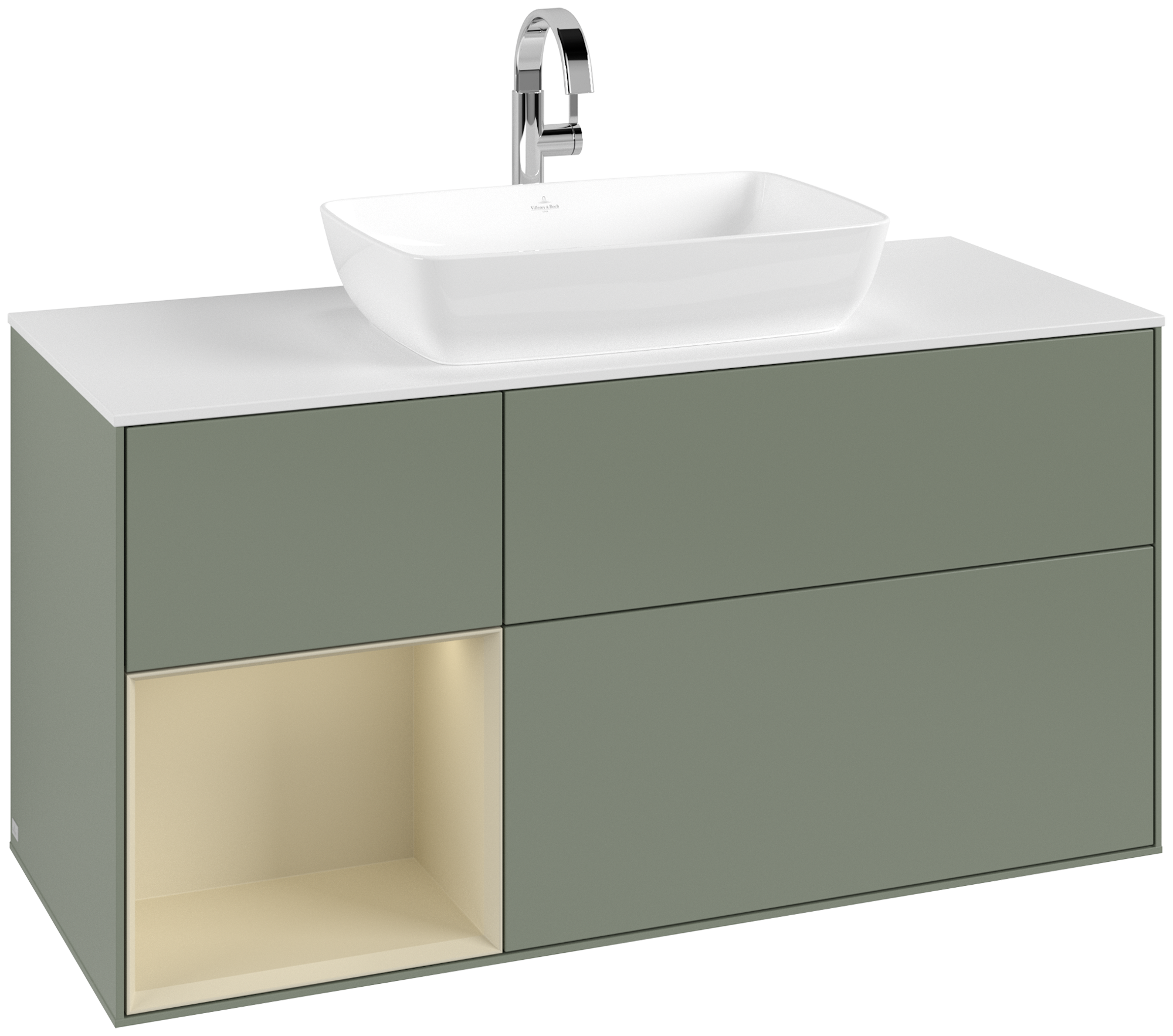 Villeroy & Boch Finion Waschbeckenunterschrank, mit Beleuchtung, 3 Auszüge, 1200x603x501mm, Korpus: Olive Matt Lacquer, Front: Olive Matt Lacquer, Regalelement: Silk Grey Matt Lacquer, Abdeckplatte: Glass White Matt