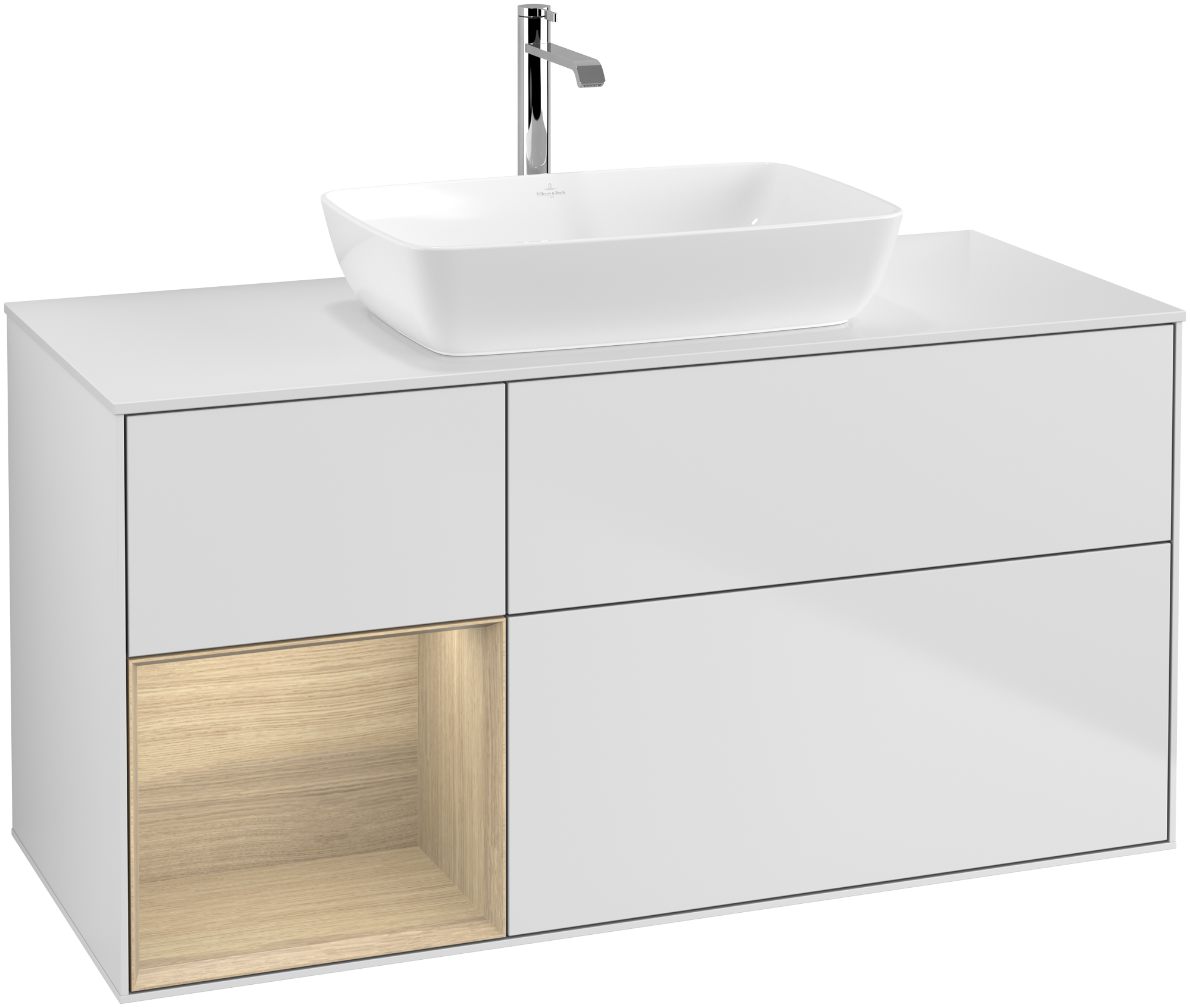 Villeroy & Boch Finion Waschbeckenunterschrank, mit Beleuchtung, 3 Auszüge, 1200x603x501mm, Korpus: White Matt Lacquer, Front: White Matt Lacquer, Regalelement: Oak Veneer, Abdeckplatte: Glass White Matt