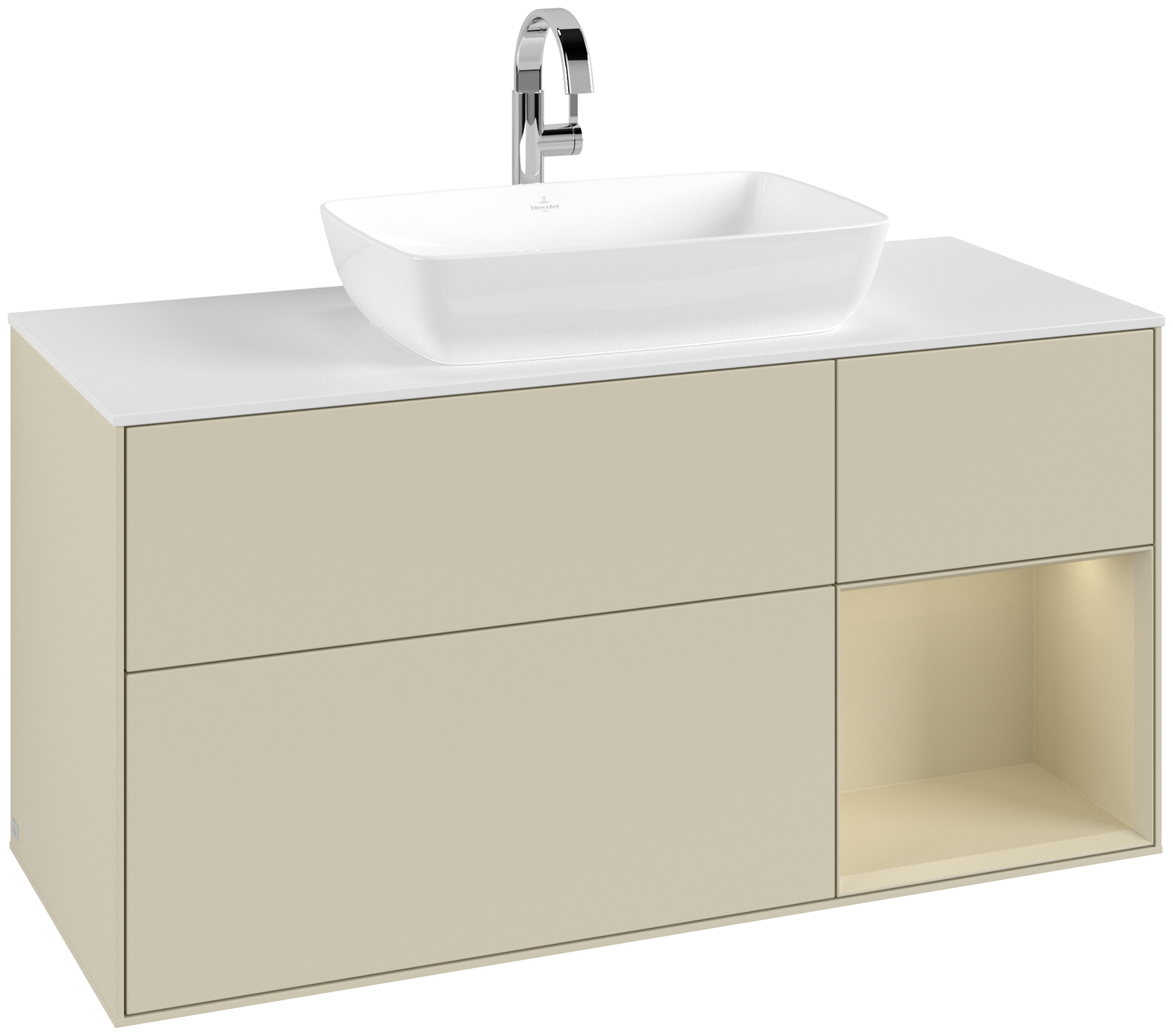 Villeroy & Boch Finion Waschbeckenunterschrank, mit Beleuchtung, 3 Auszüge, 1200x603x501mm, Korpus: Silk Grey Matt Lacquer, Front: Silk Grey Matt Lacquer, Regalelement: Silk Grey Matt Lacquer, Abdeckplatte: Glass White Matt