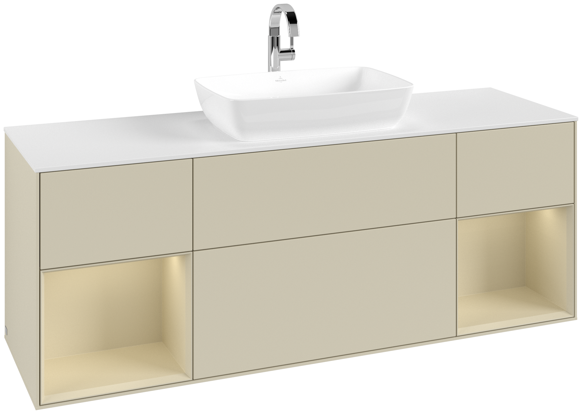 Villeroy & Boch Finion Waschbeckenunterschrank, mit Beleuchtung, 4 Auszüge, 1600x603x501mm, Korpus: Silk Grey Matt Lacquer, Front: Silk Grey Matt Lacquer, Regalelement: Silk Grey Matt Lacquer, Abdeckplatte: Glass White Matt