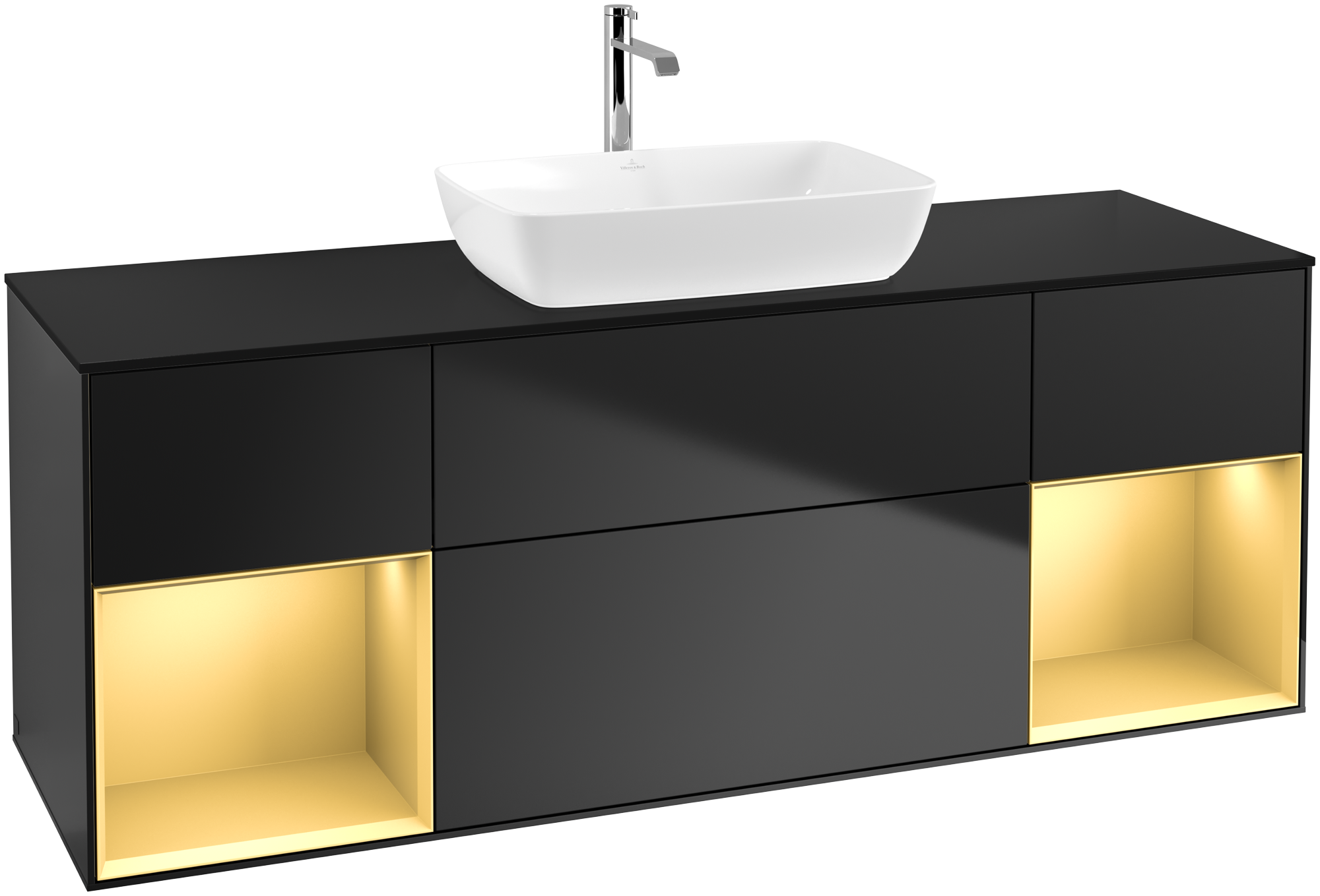 Villeroy & Boch Finion Waschbeckenunterschrank, mit Beleuchtung, 4 Auszüge, 1600x603x501mm, Korpus: Black Matt Lacquer, Front: Black Matt Lacquer, Regalelement: Gold Matt Lacquer, Abdeckplatte: Glass Black Matt
