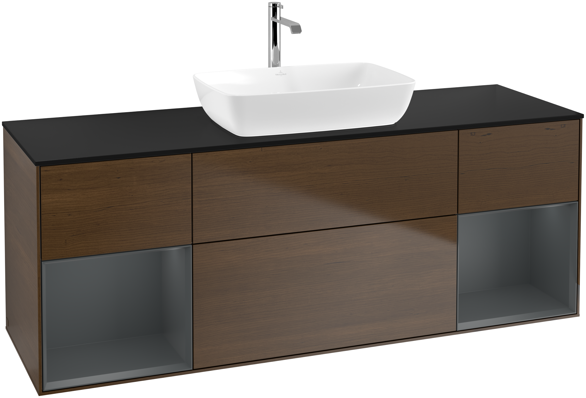 Villeroy & Boch Finion Vanity unit, with lighting, 4 pull-out compartments, 1600x603x501mm, Body: Walnut Veneer, Front: Walnut Veneer, Shelf: Midnight Blue Matt Lacquer, Cover plate: Glass Black Matt
