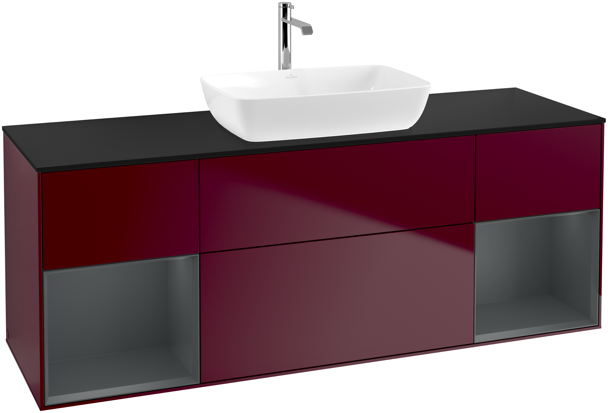 Villeroy & Boch Finion Vanity unit, with lighting, 4 pull-out compartments, 1600x603x501mm, Body: Peony Matt Lacquer, Front: Peony Matt Lacquer, Shelf: Midnight Blue Matt Lacquer, Cover plate: Glass Black Matt
