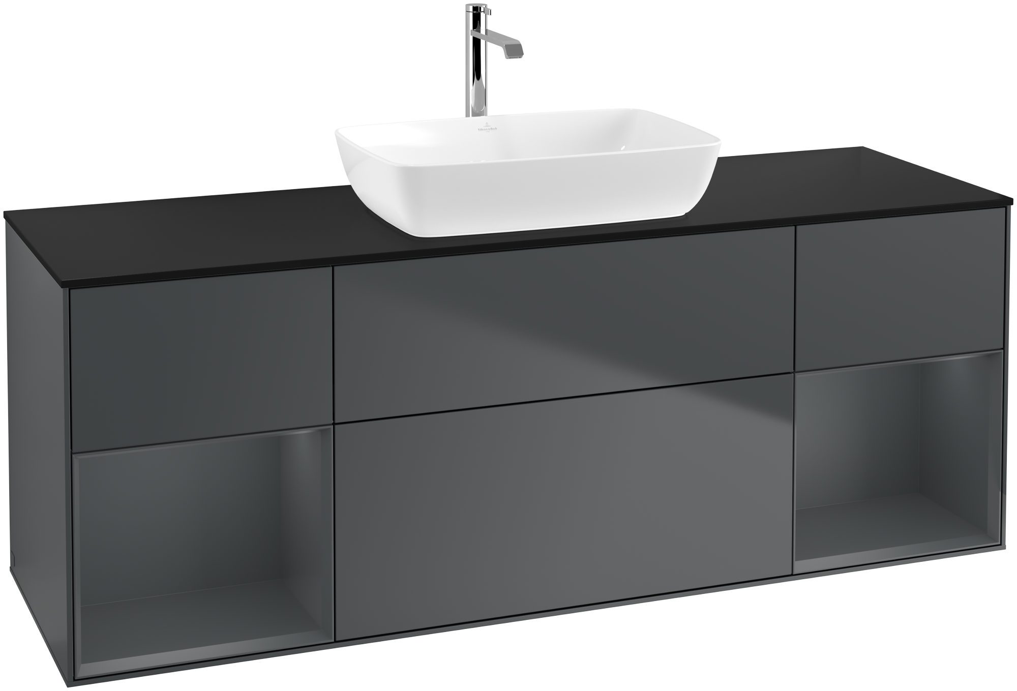 Villeroy & Boch Finion Vanity unit, with lighting, 4 pull-out compartments, 1600x603x501mm, Body: Midnight Blue Matt Lacquer, Front: Midnight Blue Matt Lacquer, Shelf: Midnight Blue Matt Lacquer, Cover plate: Glass Black Matt