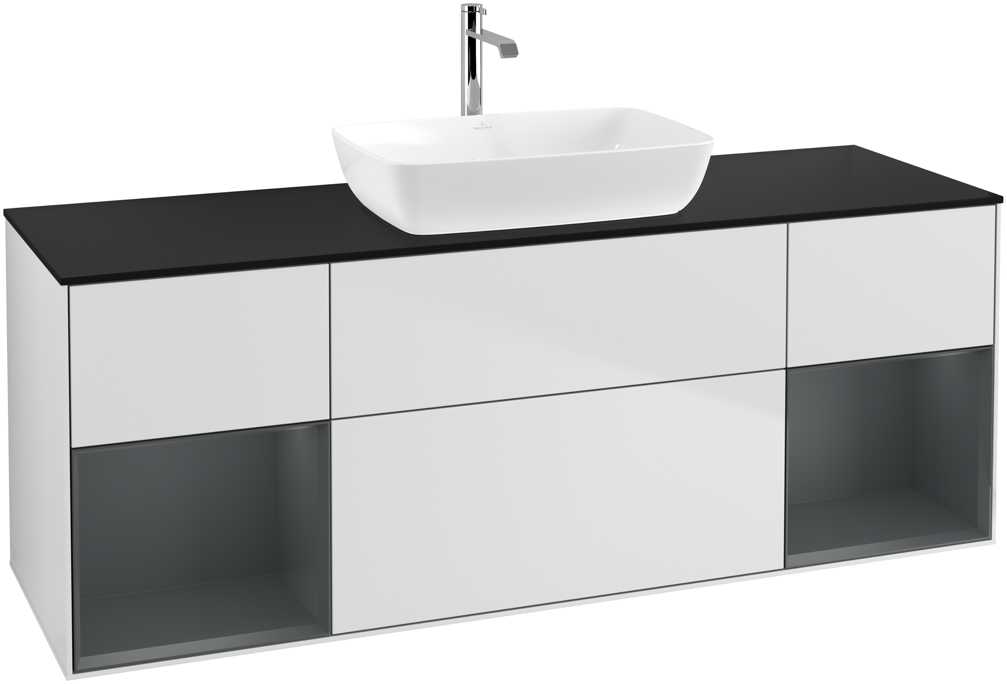 Villeroy & Boch Finion Vanity unit, with lighting, 4 pull-out compartments, 1600x603x501mm, Body: White Matt Lacquer, Front: White Matt Lacquer, Shelf: Midnight Blue Matt Lacquer, Cover plate: Glass Black Matt