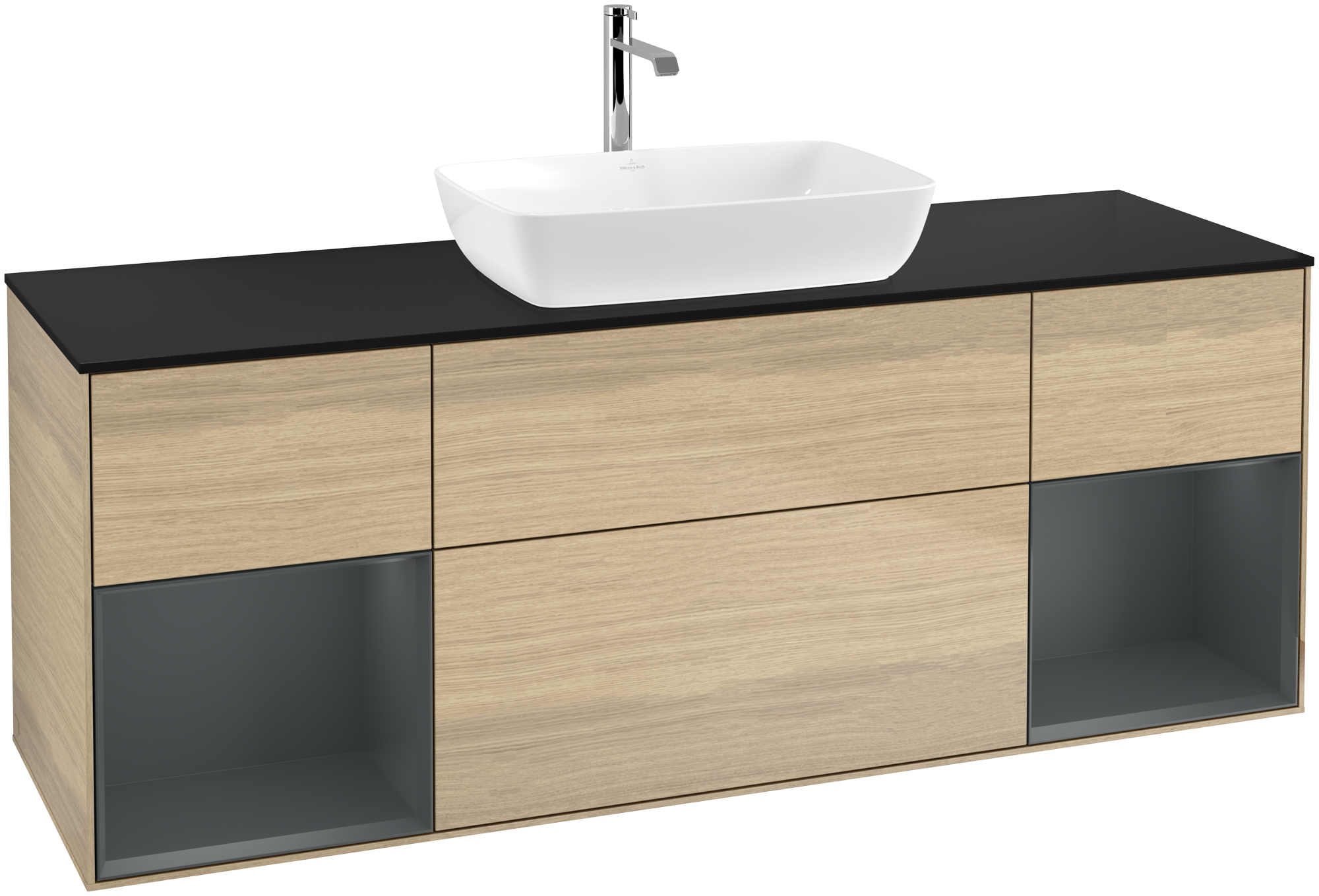 Villeroy & Boch Finion Vanity unit, with lighting, 4 pull-out compartments, 1600x603x501mm, Body: Oak Veneer, Front: Oak Veneer, Shelf: Midnight Blue Matt Lacquer, Cover plate: Glass Black Matt