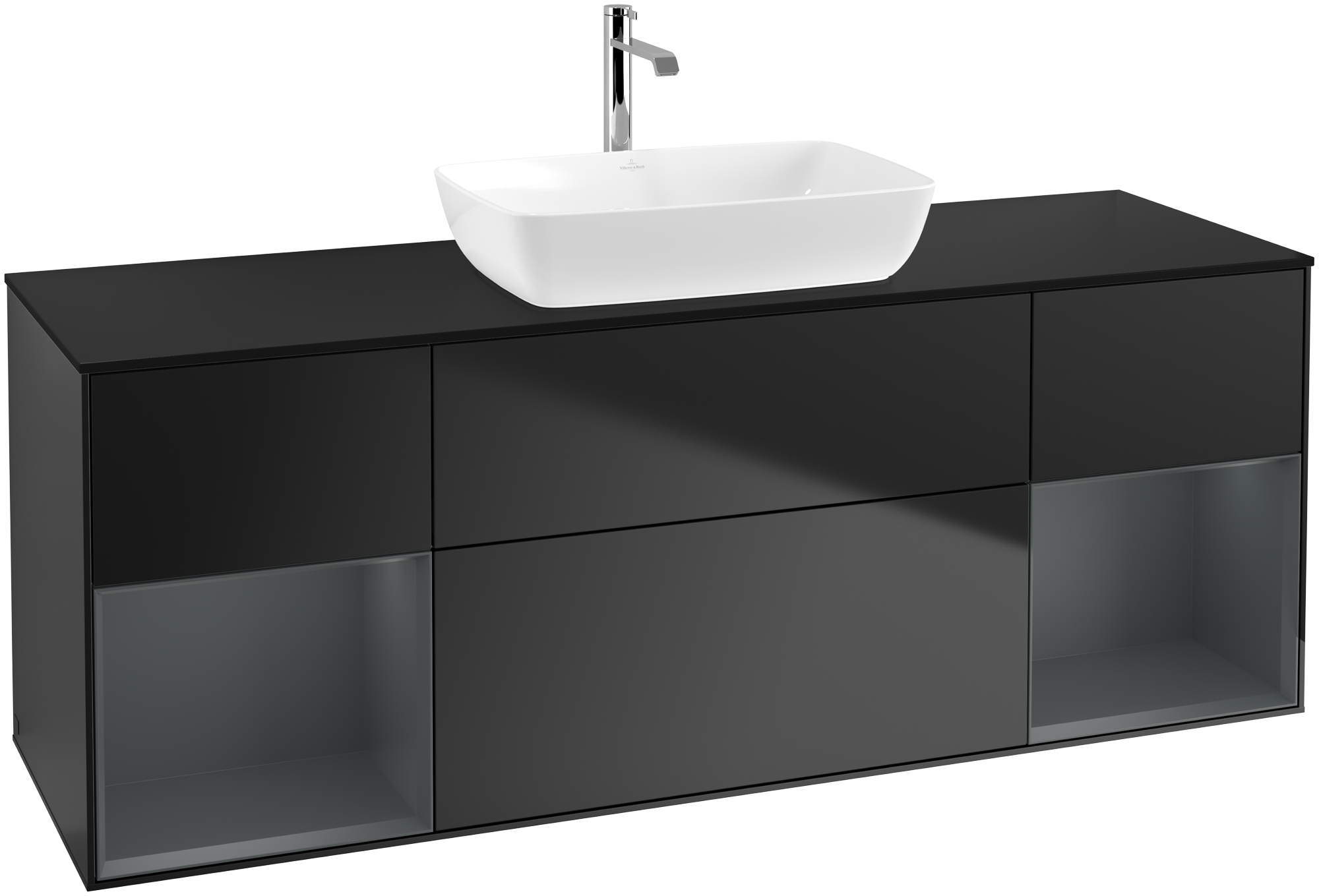 Villeroy & Boch Finion Vanity unit, with lighting, 4 pull-out compartments, 1600x603x501mm, Body: Black Matt Lacquer, Front: Black Matt Lacquer, Shelf: Midnight Blue Matt Lacquer, Cover plate: Glass Black Matt