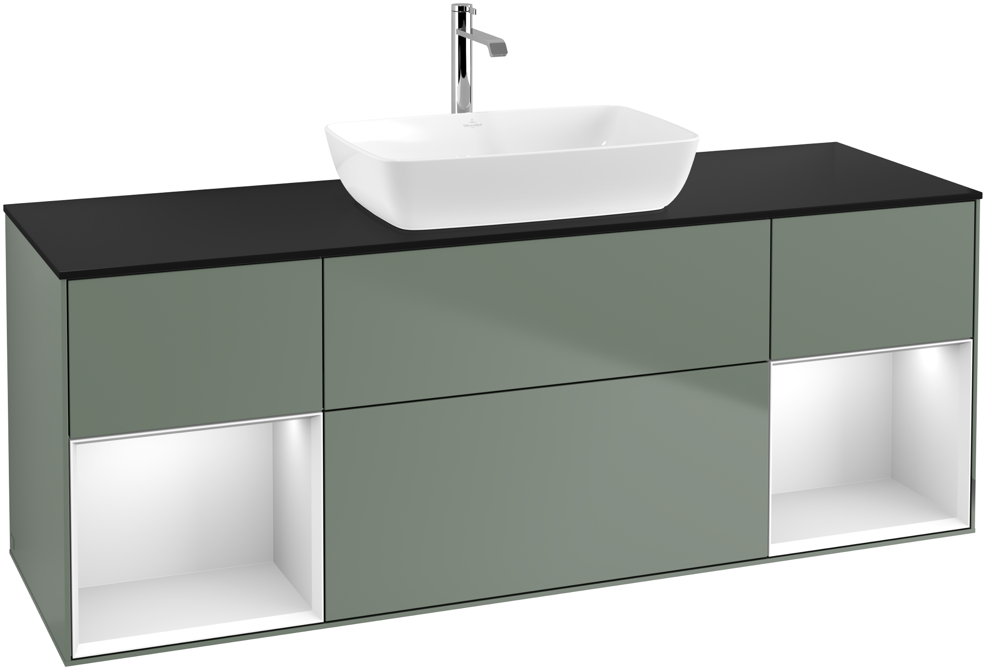 Villeroy & Boch Finion Vanity unit, with lighting, 4 pull-out compartments, 1600x603x501mm, Body: Olive Matt Lacquer, Front: Olive Matt Lacquer, Shelf: White Matt Lacquer, Cover plate: Glass Black Matt