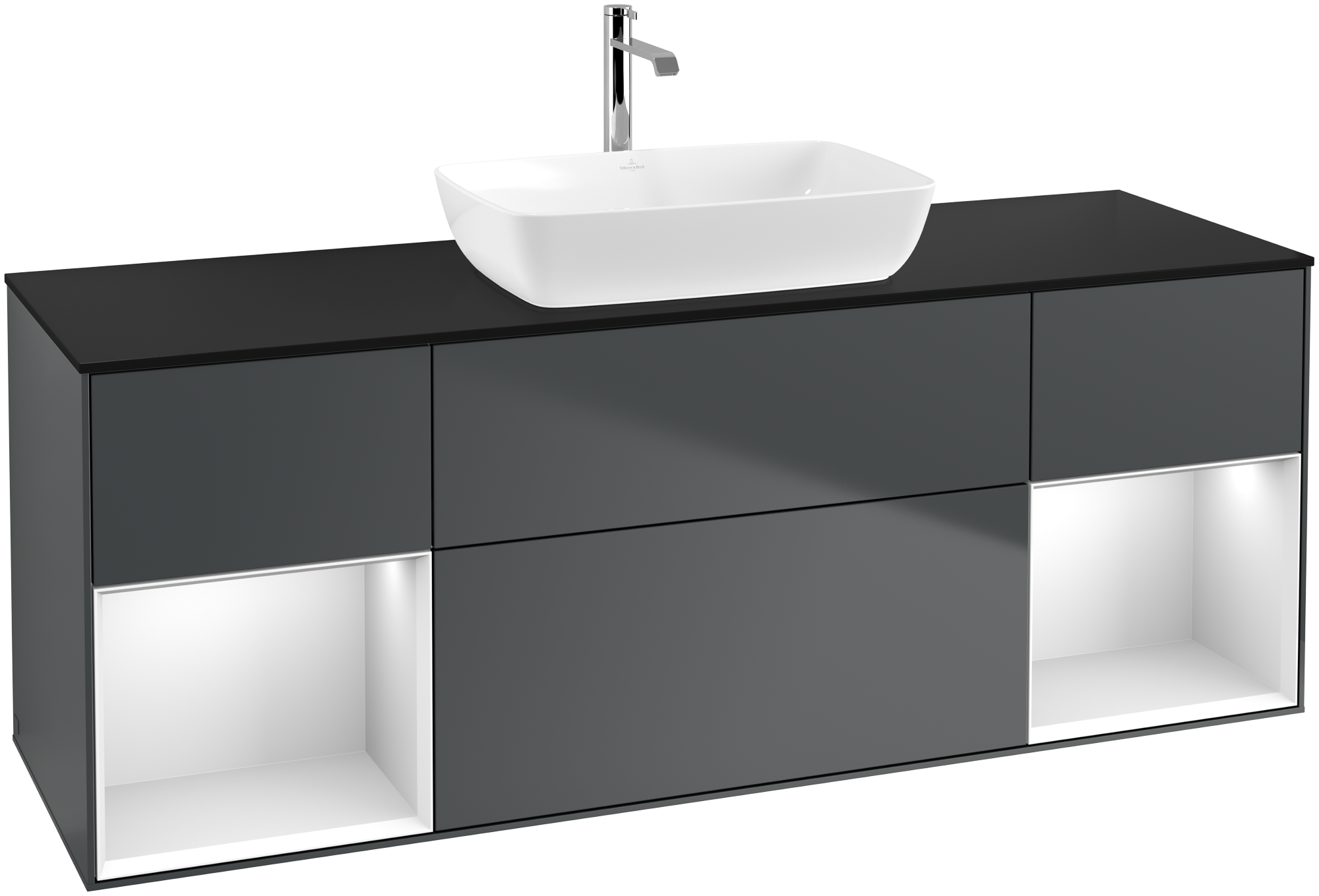 Villeroy & Boch Finion Vanity unit, with lighting, 4 pull-out compartments, 1600x603x501mm, Body: Midnight Blue Matt Lacquer, Front: Midnight Blue Matt Lacquer, Shelf: White Matt Lacquer, Cover plate: Glass Black Matt