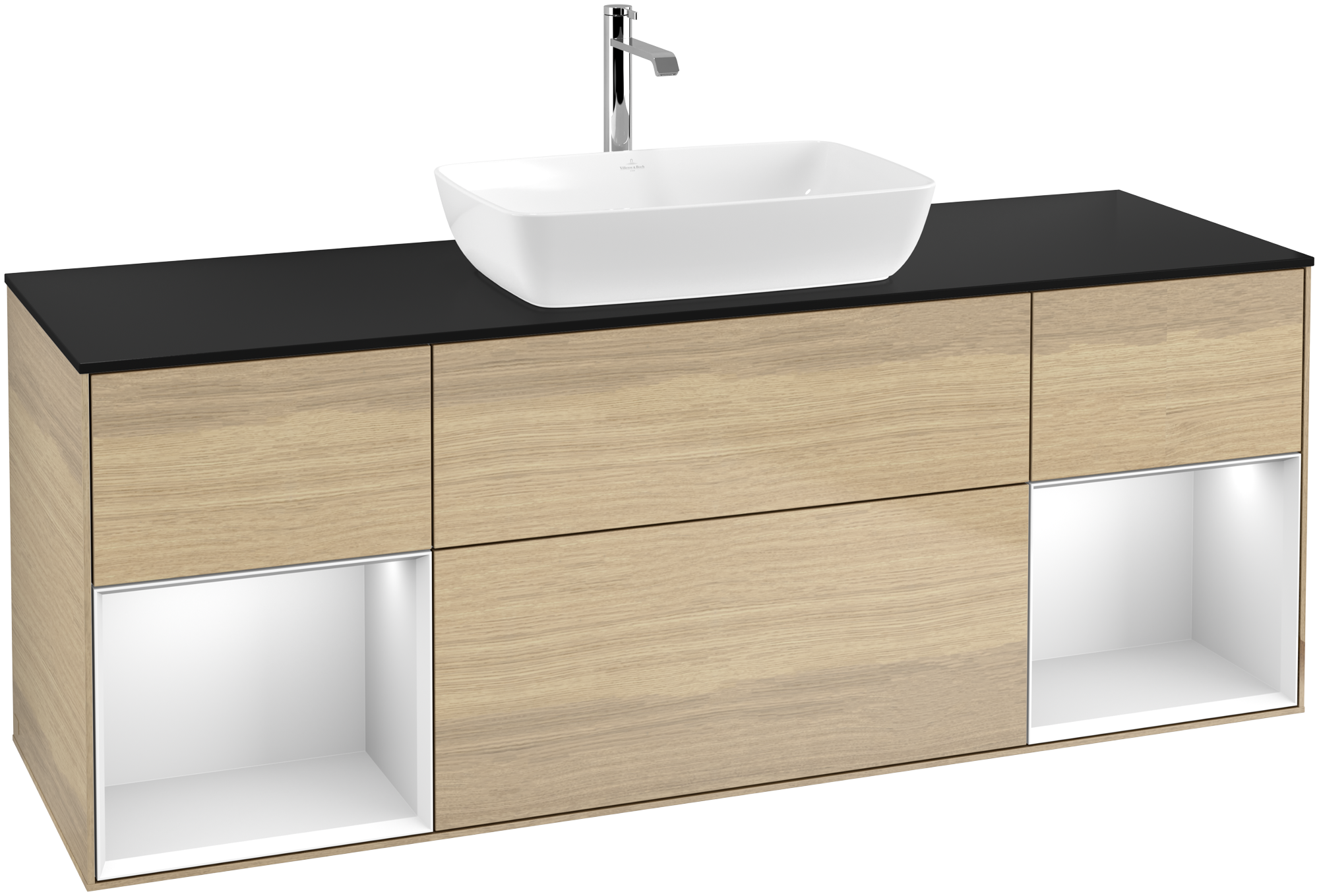 Villeroy & Boch Finion Vanity unit, with lighting, 4 pull-out compartments, 1600x603x501mm, Body: Oak Veneer, Front: Oak Veneer, Shelf: White Matt Lacquer, Cover plate: Glass Black Matt