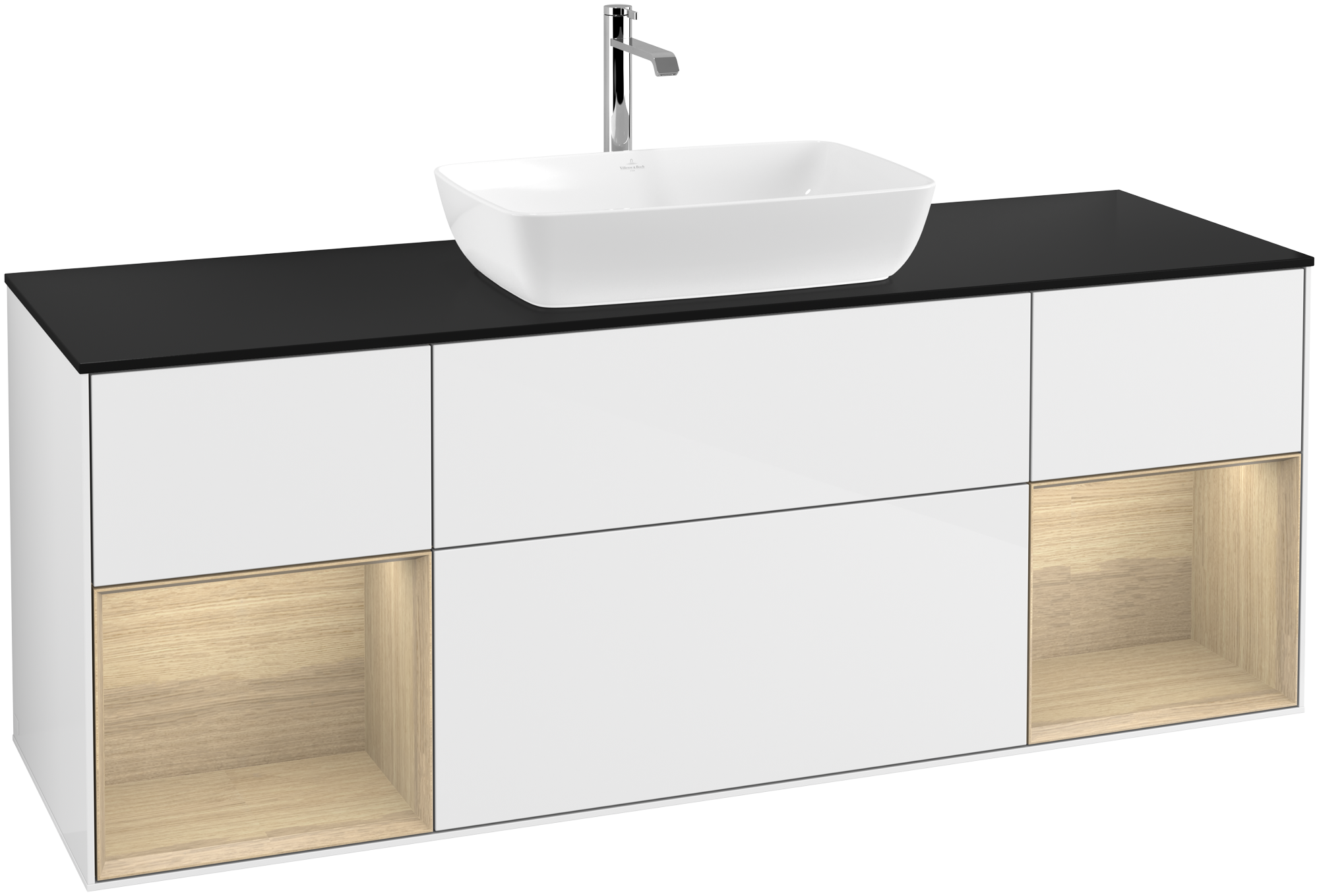 Villeroy & Boch Finion Vanity unit, with lighting, 4 pull-out compartments, 1600x603x501mm, Body: Glossy White Lacquer, Front: Glossy White Lacquer, Shelf: Oak Veneer, Cover plate: Glass Black Matt
