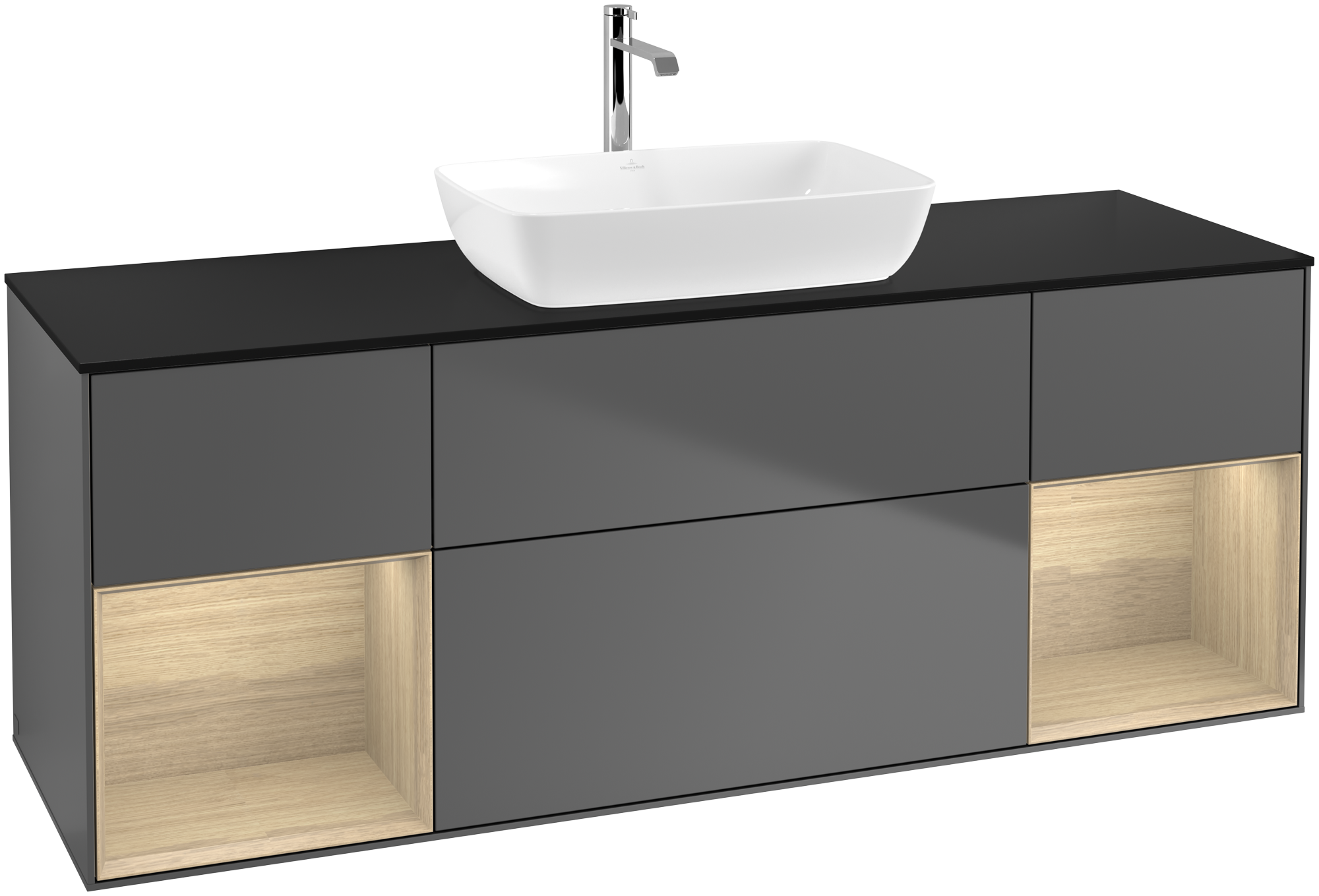 Villeroy & Boch Finion Vanity unit, with lighting, 4 pull-out compartments, 1600x603x501mm, Body: Anthracite Matt Lacquer, Front: Anthracite Matt Lacquer, Shelf: Oak Veneer, Cover plate: Glass Black Matt