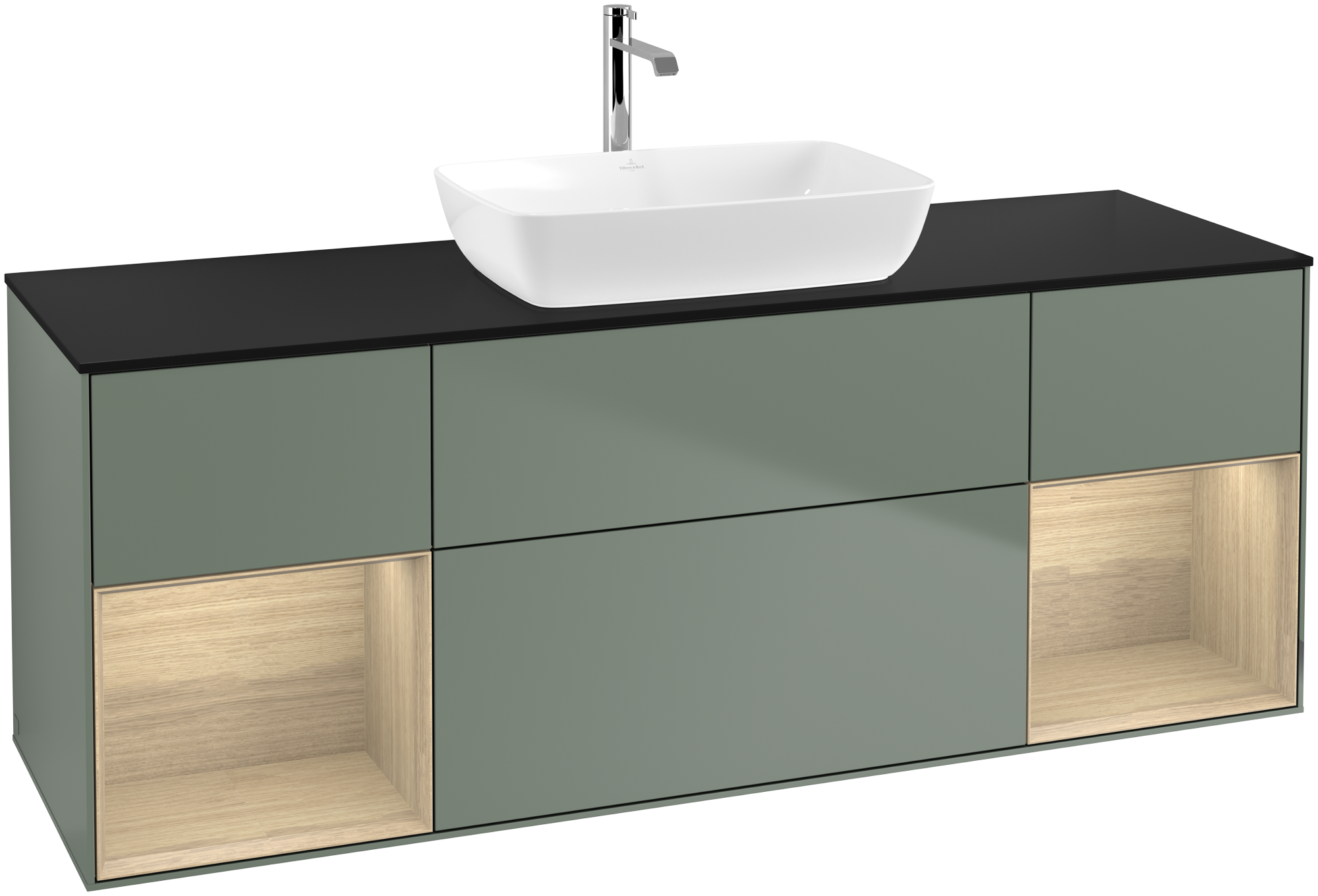 Villeroy & Boch Finion Vanity unit, with lighting, 4 pull-out compartments, 1600x603x501mm, Body: Olive Matt Lacquer, Front: Olive Matt Lacquer, Shelf: Oak Veneer, Cover plate: Glass Black Matt