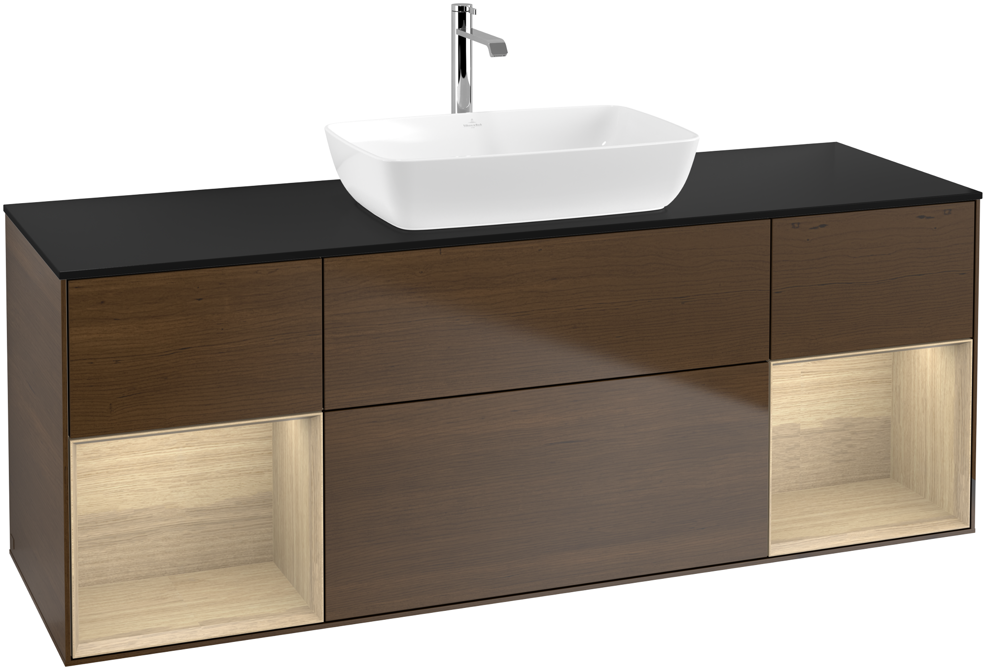 Villeroy & Boch Finion Vanity unit, with lighting, 4 pull-out compartments, 1600x603x501mm, Body: Walnut Veneer, Front: Walnut Veneer, Shelf: Oak Veneer, Cover plate: Glass Black Matt