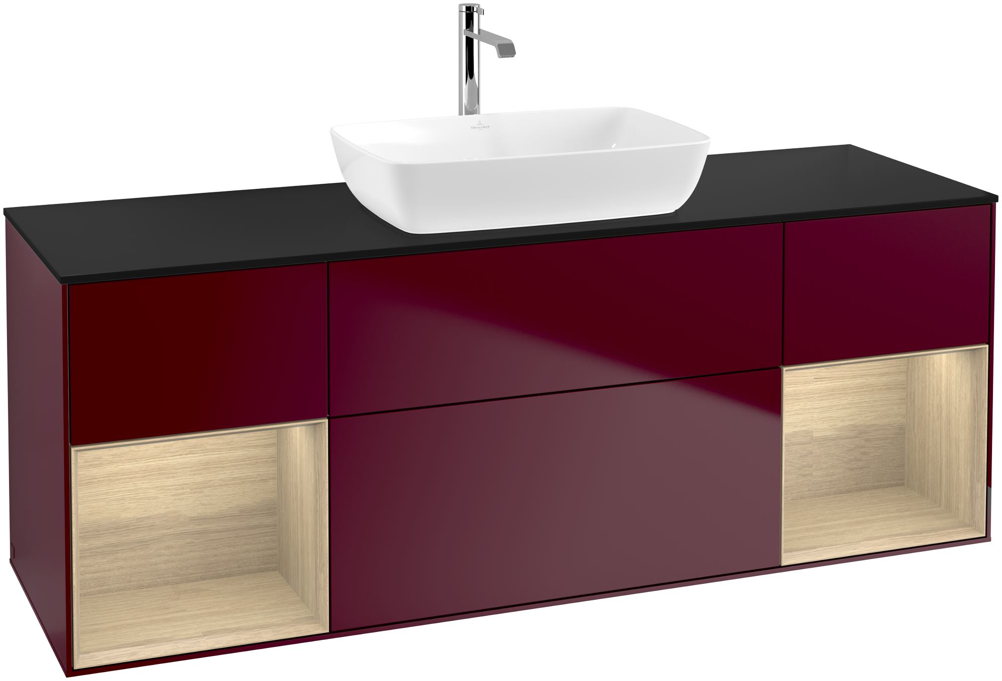 Villeroy & Boch Finion Vanity unit, with lighting, 4 pull-out compartments, 1600x603x501mm, Body: Peony Matt Lacquer, Front: Peony Matt Lacquer, Shelf: Oak Veneer, Cover plate: Glass Black Matt