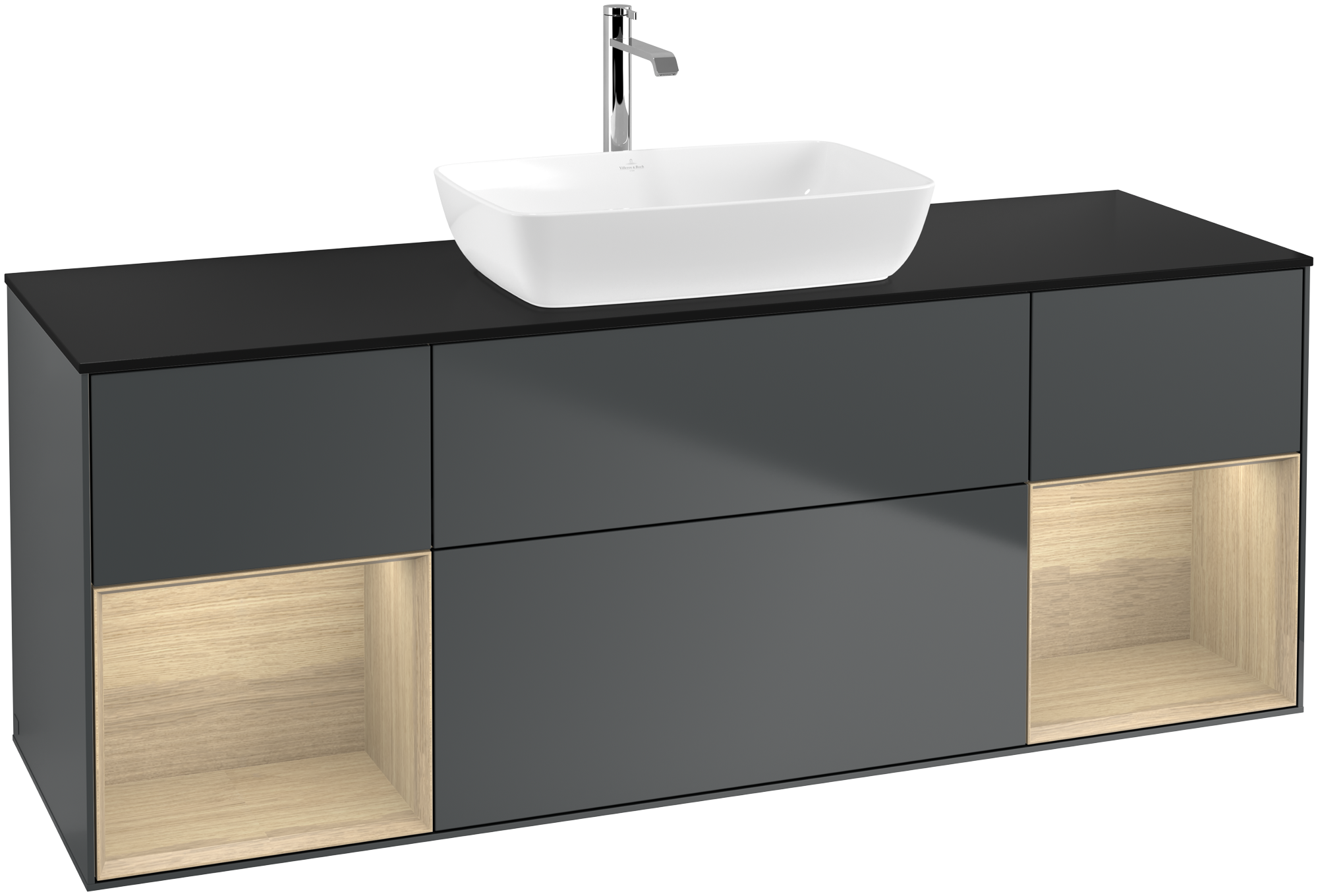 Villeroy & Boch Finion Vanity unit, with lighting, 4 pull-out compartments, 1600x603x501mm, Body: Midnight Blue Matt Lacquer, Front: Midnight Blue Matt Lacquer, Shelf: Oak Veneer, Cover plate: Glass Black Matt
