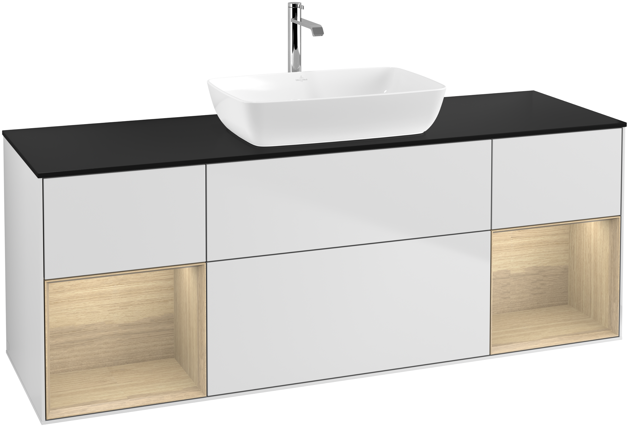 Villeroy & Boch Finion Vanity unit, with lighting, 4 pull-out compartments, 1600x603x501mm, Body: White Matt Lacquer, Front: White Matt Lacquer, Shelf: Oak Veneer, Cover plate: Glass Black Matt