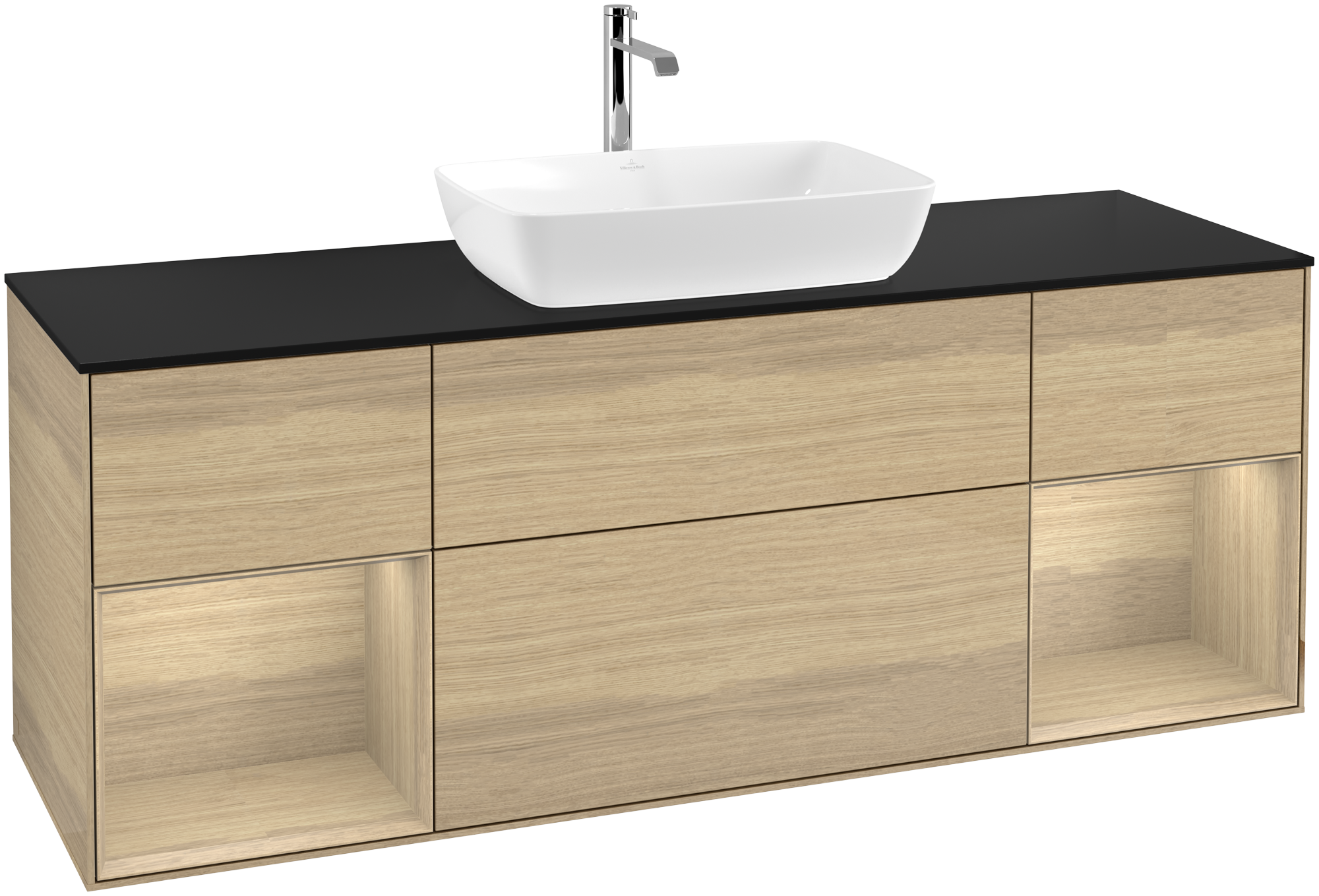 Villeroy & Boch Finion Vanity unit, with lighting, 4 pull-out compartments, 1600x603x501mm, Body: Oak Veneer, Front: Oak Veneer, Shelf: Oak Veneer, Cover plate: Glass Black Matt