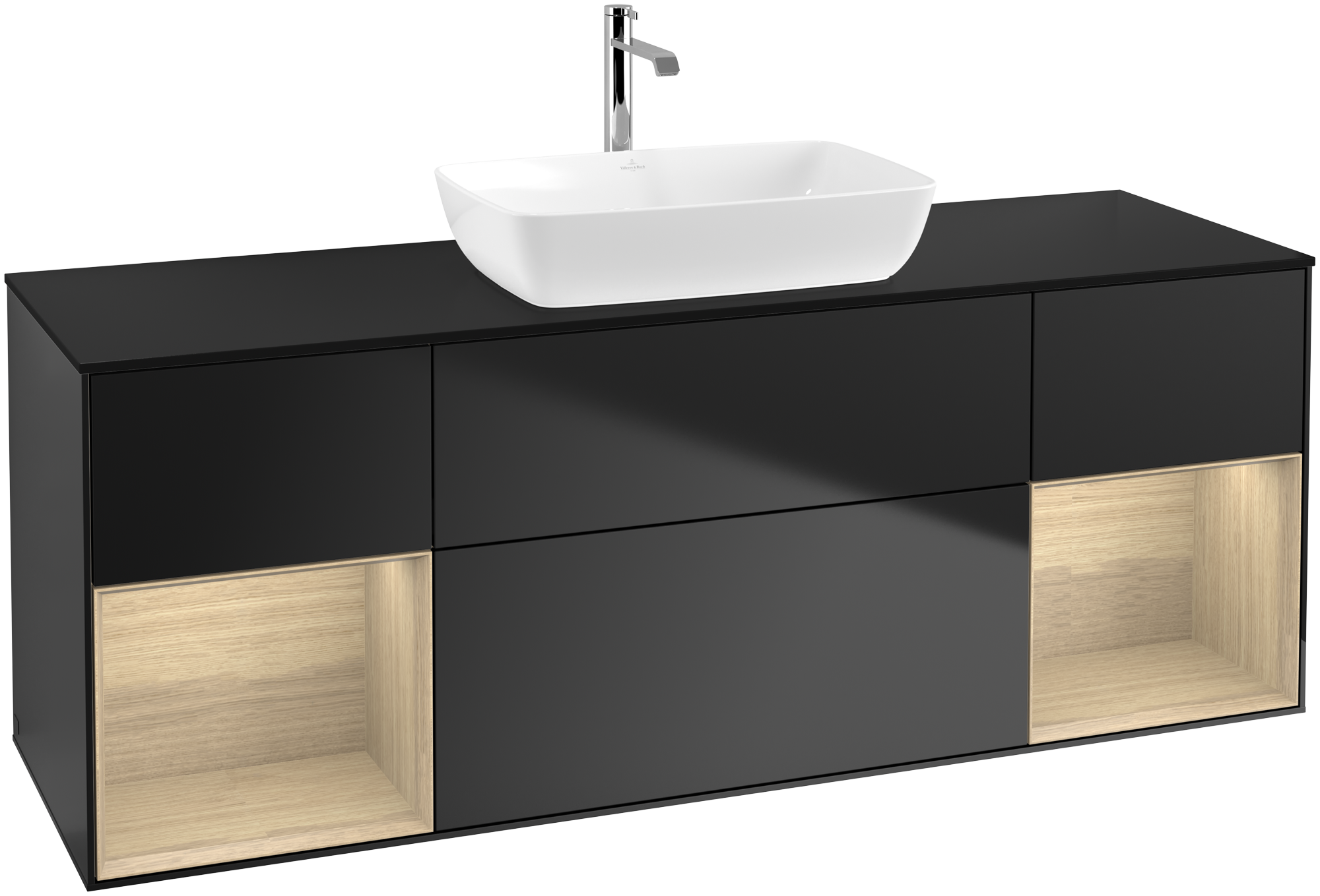 Villeroy & Boch Finion Vanity unit, with lighting, 4 pull-out compartments, 1600x603x501mm, Body: Black Matt Lacquer, Front: Black Matt Lacquer, Shelf: Oak Veneer, Cover plate: Glass Black Matt