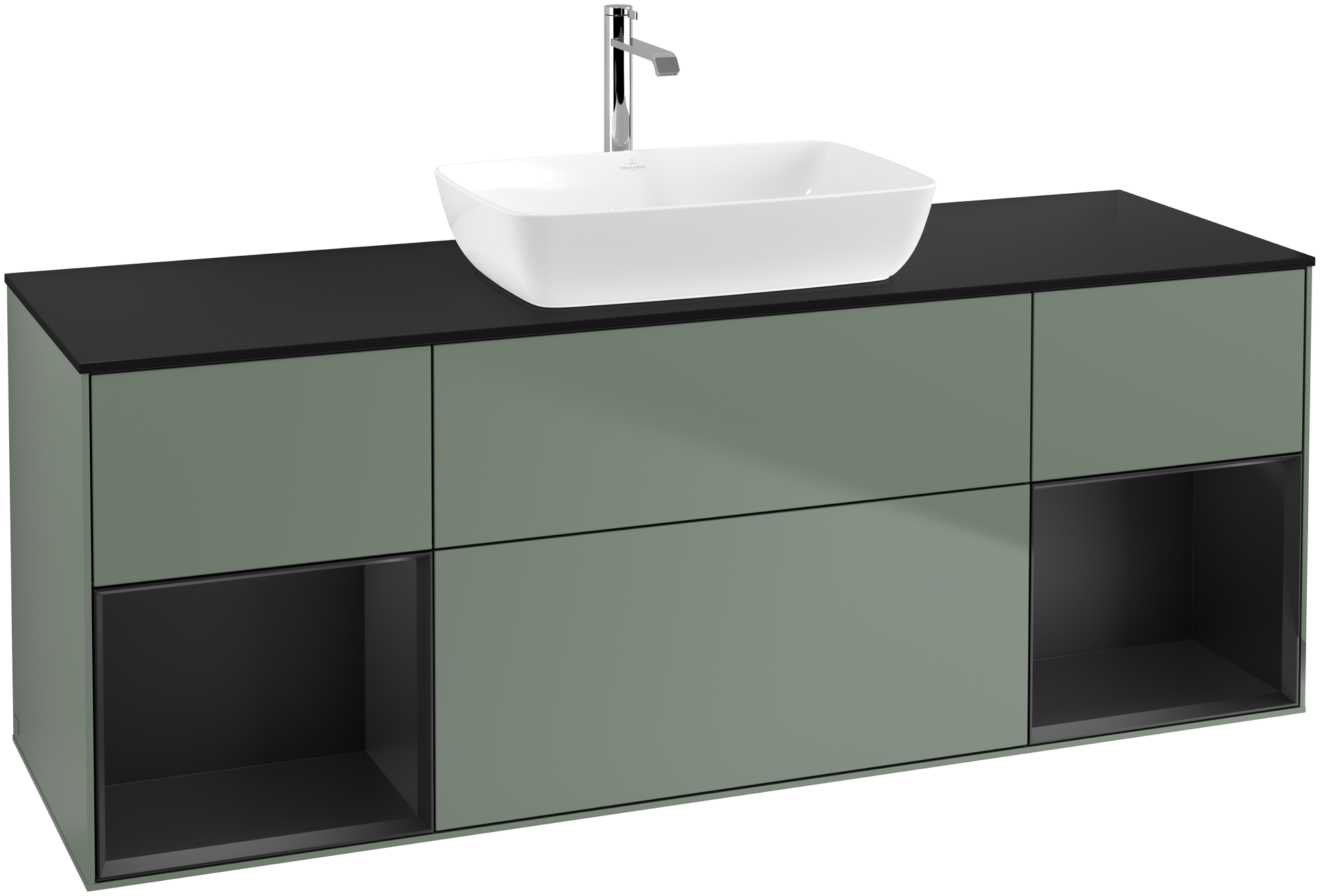 Villeroy & Boch Finion Vanity unit, with lighting, 4 pull-out compartments, 1600x603x501mm, Body: Olive Matt Lacquer, Front: Olive Matt Lacquer, Shelf: Black Matt Lacquer, Cover plate: Glass Black Matt