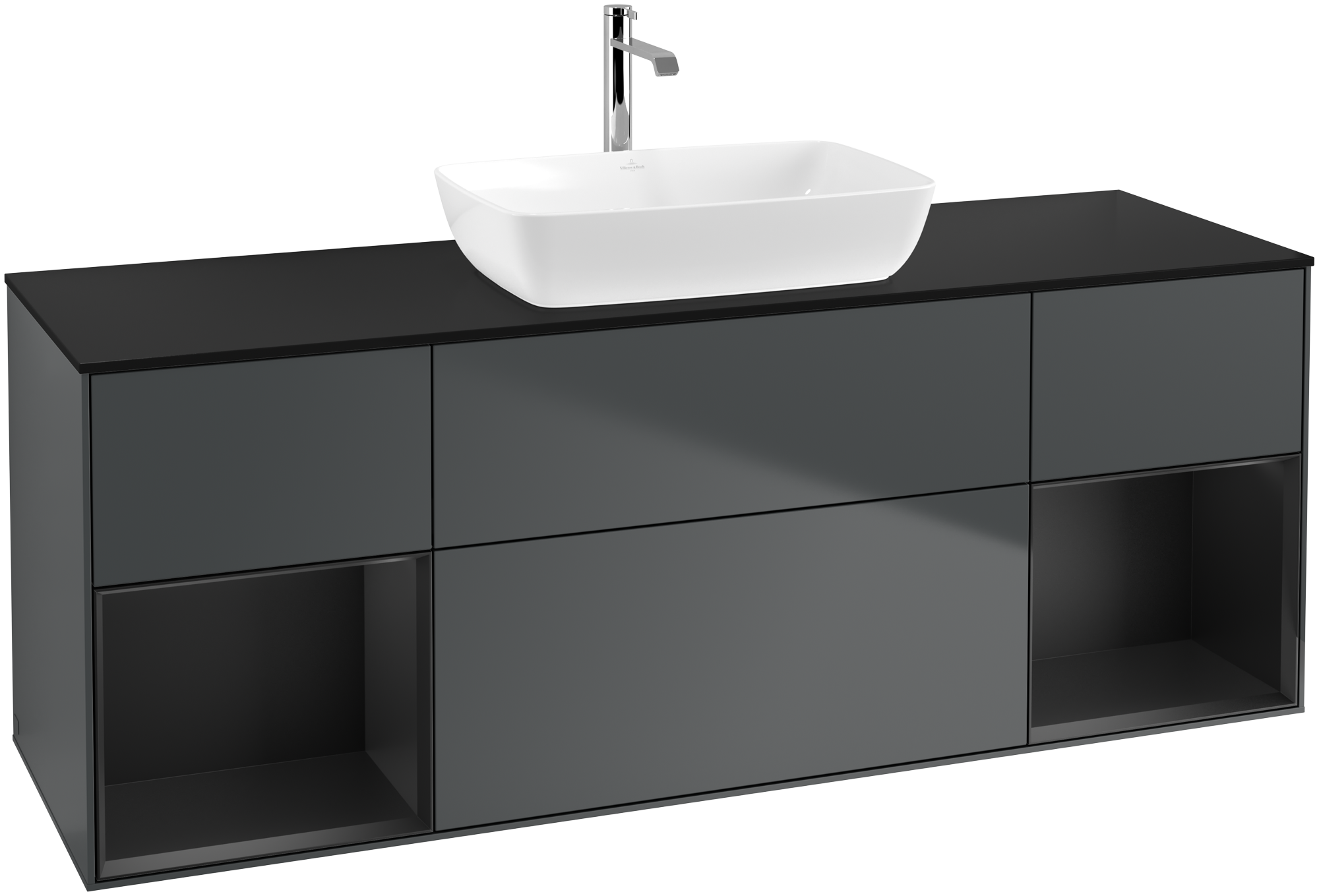 Villeroy & Boch Finion Vanity unit, with lighting, 4 pull-out compartments, 1600x603x501mm, Body: Midnight Blue Matt Lacquer, Front: Midnight Blue Matt Lacquer, Shelf: Black Matt Lacquer, Cover plate: Glass Black Matt
