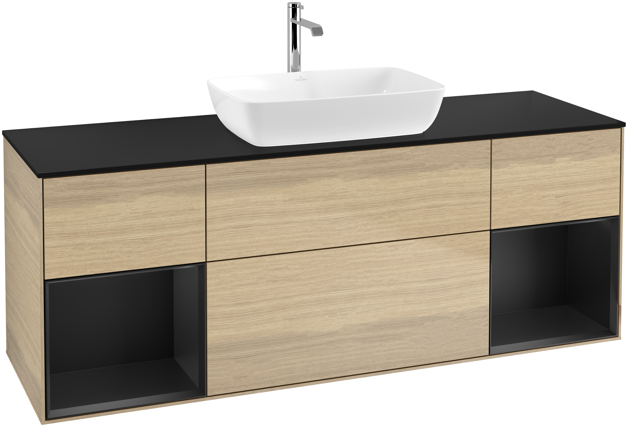 Villeroy & Boch Finion Vanity unit, with lighting, 4 pull-out compartments, 1600x603x501mm, Body: Oak Veneer, Front: Oak Veneer, Shelf: Black Matt Lacquer, Cover plate: Glass Black Matt