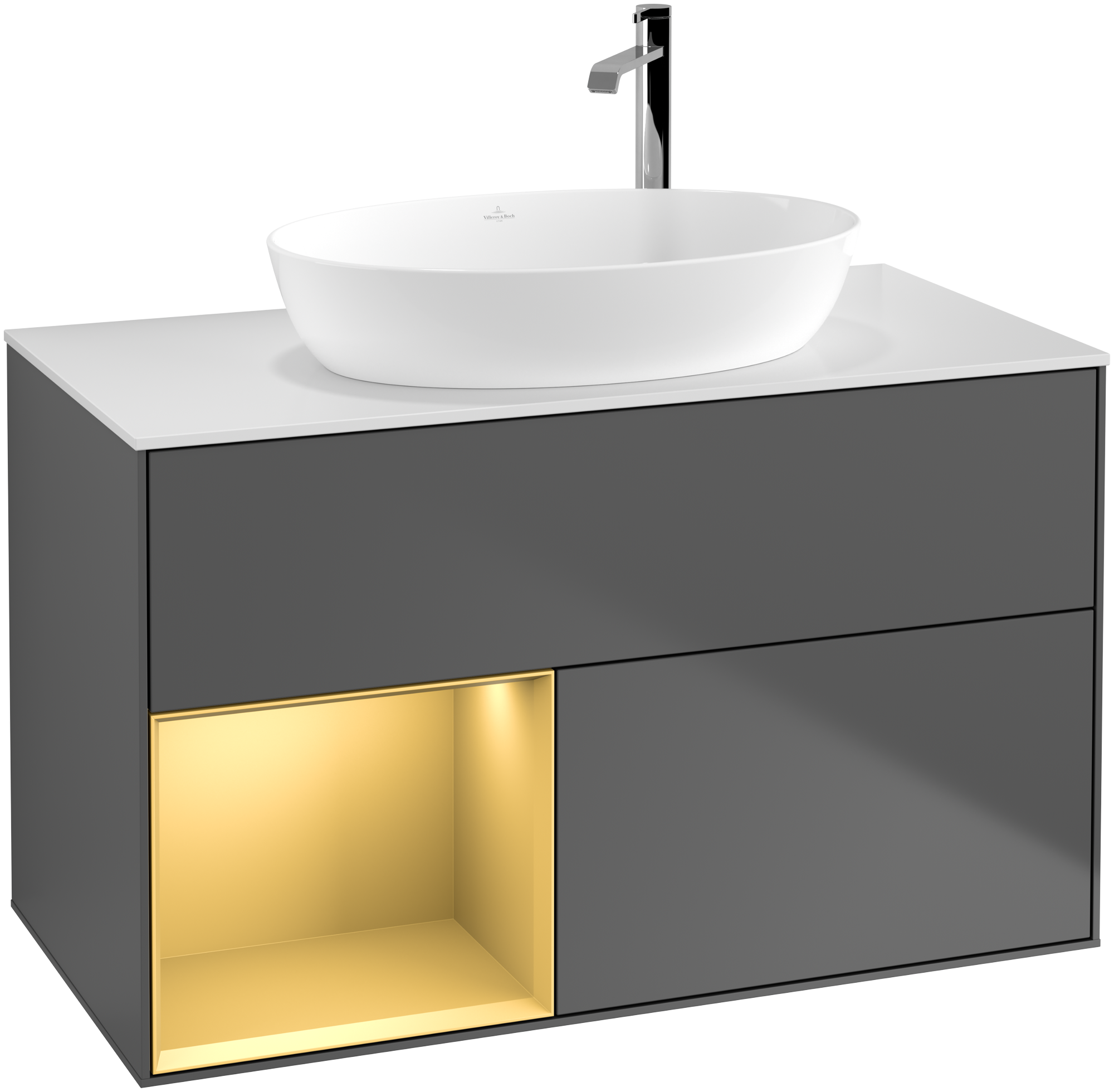 Villeroy & Boch Finion Waschbeckenunterschrank, mit Beleuchtung, 2 Auszüge, 1000x603x501mm, Korpus: Anthracite Matt Lacquer, Front: Anthracite Matt Lacquer, Regalelement: Gold Matt Lacquer, Abdeckplatte: Glass White Matt
