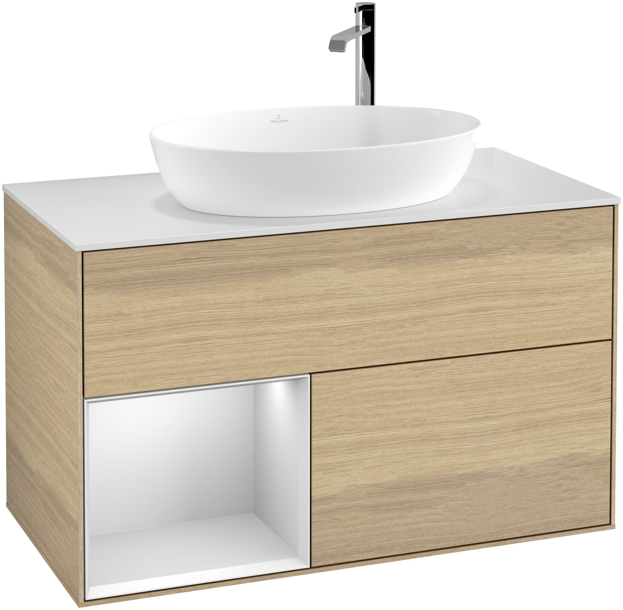 Villeroy & Boch Finion Vanity unit, with lighting, 2 pull-out compartments, 1000x603x501mm, Body: Oak Veneer, Front: Oak Veneer, Shelf: White Matt Lacquer, Cover plate: Glass White Matt