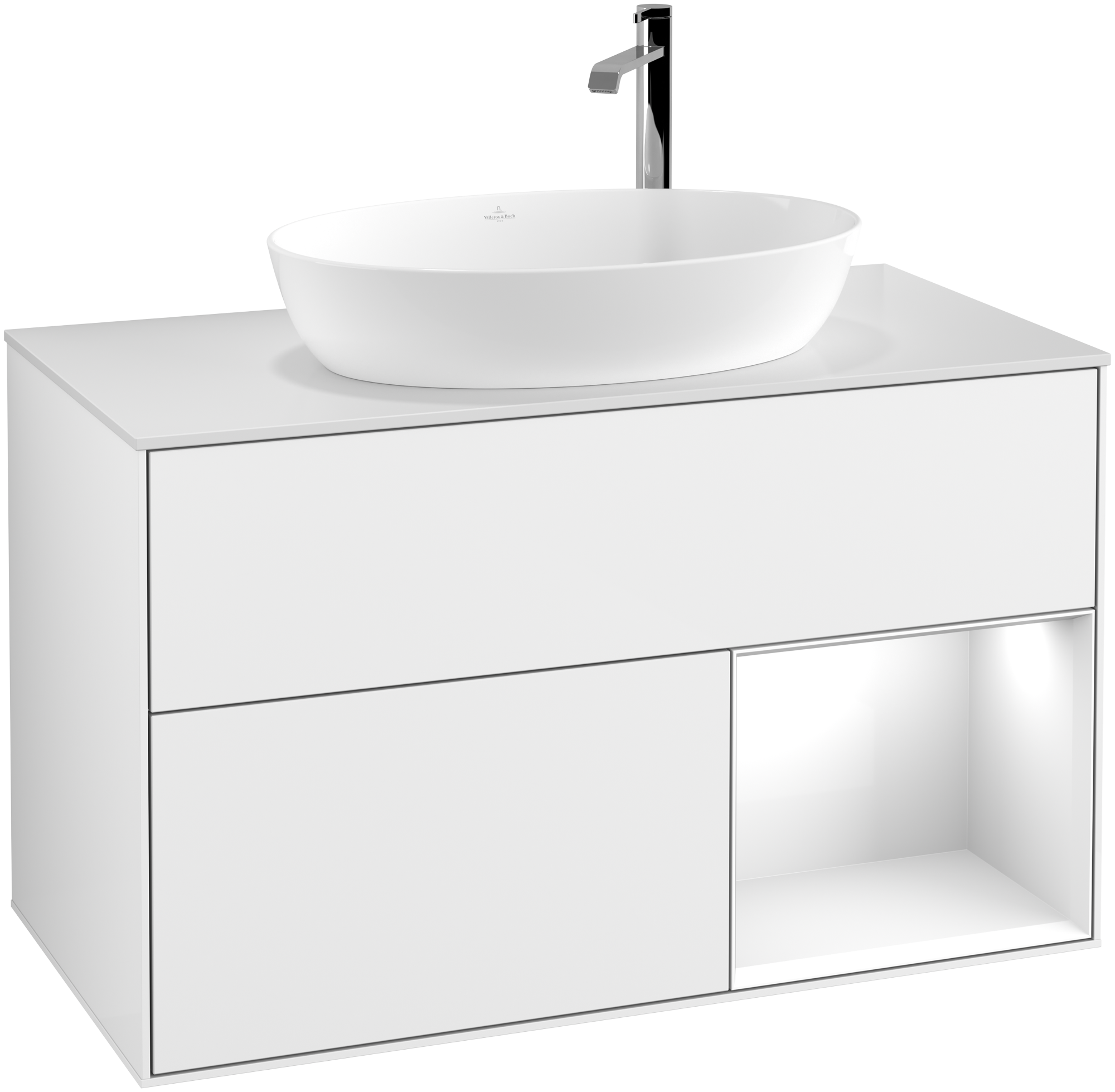 Villeroy & Boch Finion Waschbeckenunterschrank, mit Beleuchtung, 2 Auszüge, 1000x603x501mm, Korpus: Glossy White Lacquer, Front: Glossy White Lacquer, Regalelement: Glossy White Lacquer, Abdeckplatte: Glass White Matt