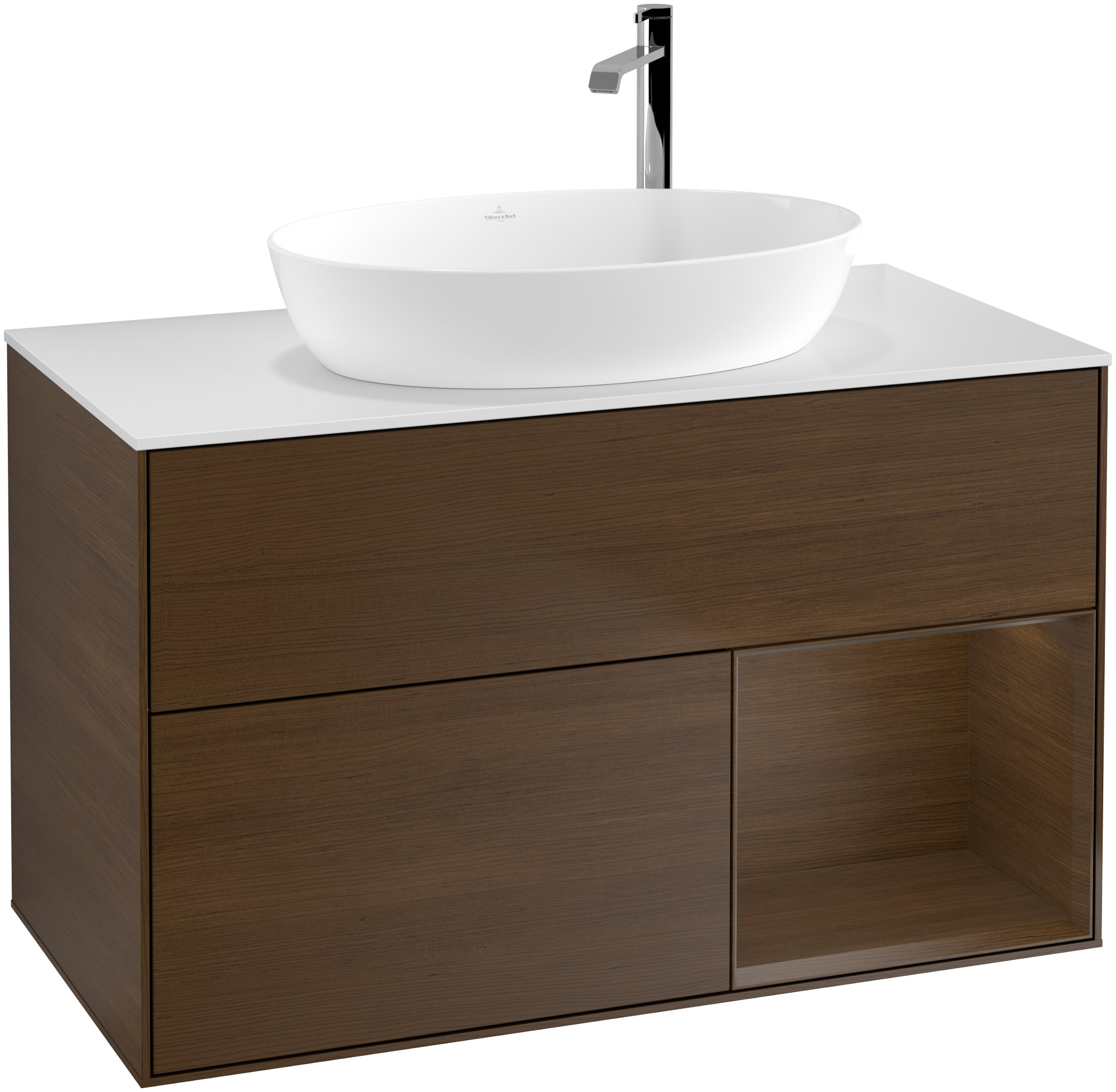 Villeroy & Boch Finion Skab, med belysning, 2 udtræk, 1000x603x501mm, Korpus: Walnut Veneer, Front: Walnut Veneer, Reolelement: Walnut Veneer, Afdækningsplade: Glass White Matt