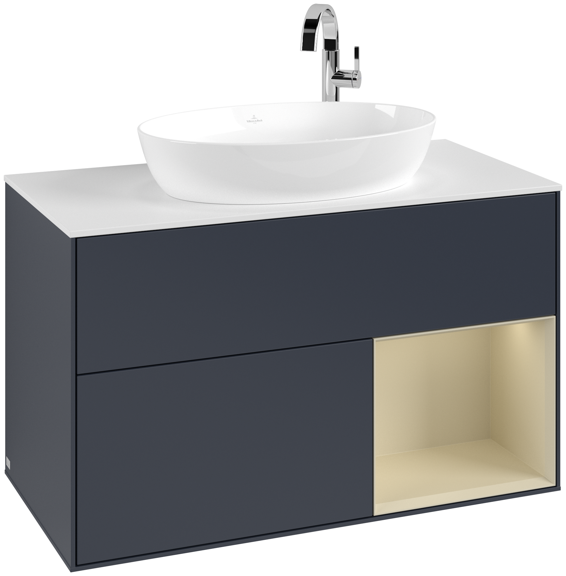 Villeroy & Boch Finion Waschbeckenunterschrank, mit Beleuchtung, 2 Auszüge, 1000x603x501mm, Korpus: Midnight Blue Matt Lacquer, Front: Midnight Blue Matt Lacquer, Regalelement: Silk Grey Matt Lacquer, Abdeckplatte: Glass White Matt