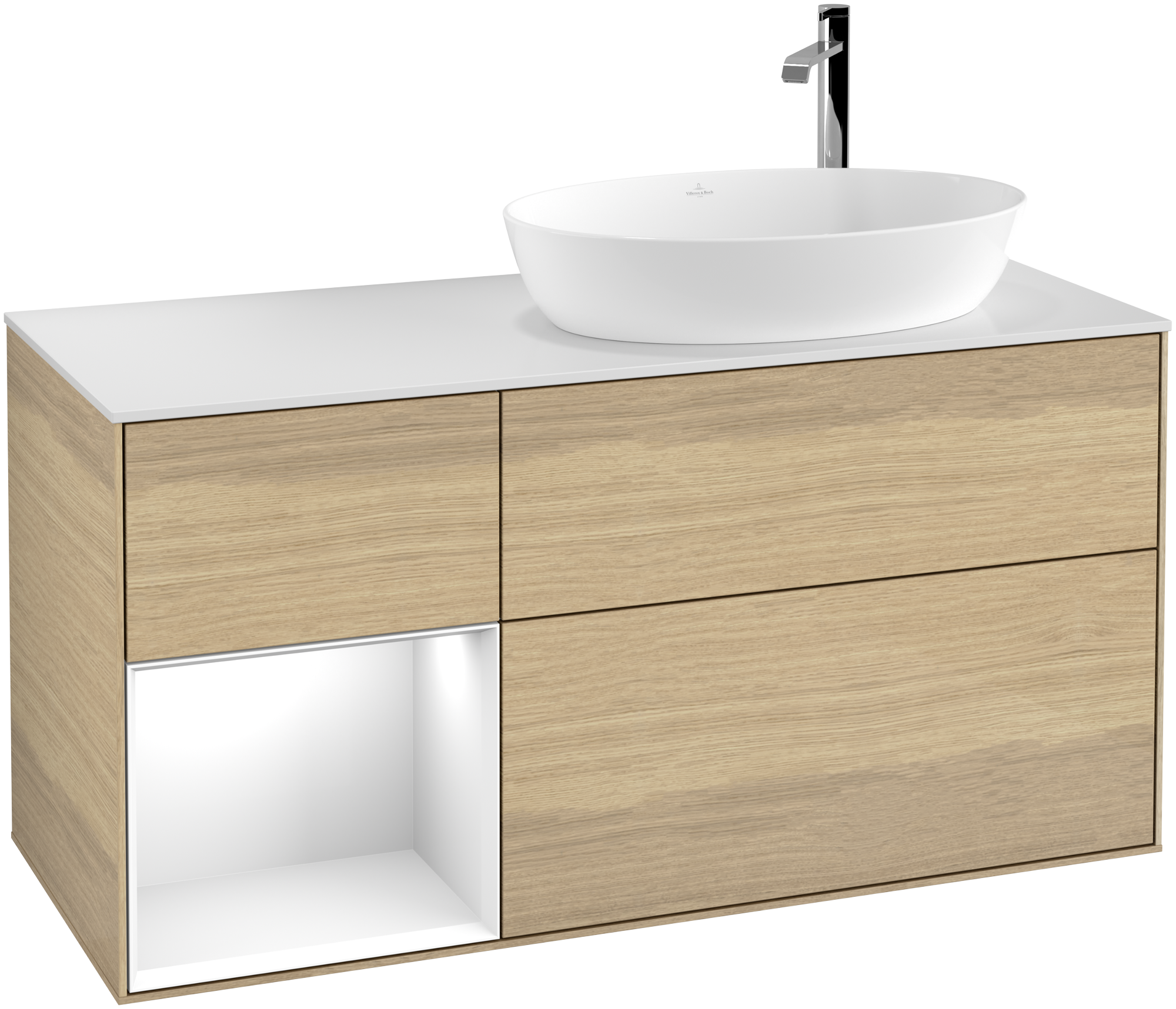 Villeroy & Boch Finion Meuble sous plan, avec éclairage, 3 tiroirs sur rails, 1200x603x501mm, Caisson: Oak Veneer, Façade: Oak Veneer, Élément d’étagère: Glossy White Lacquer, Plaque de recouvrement: Glass White Matt