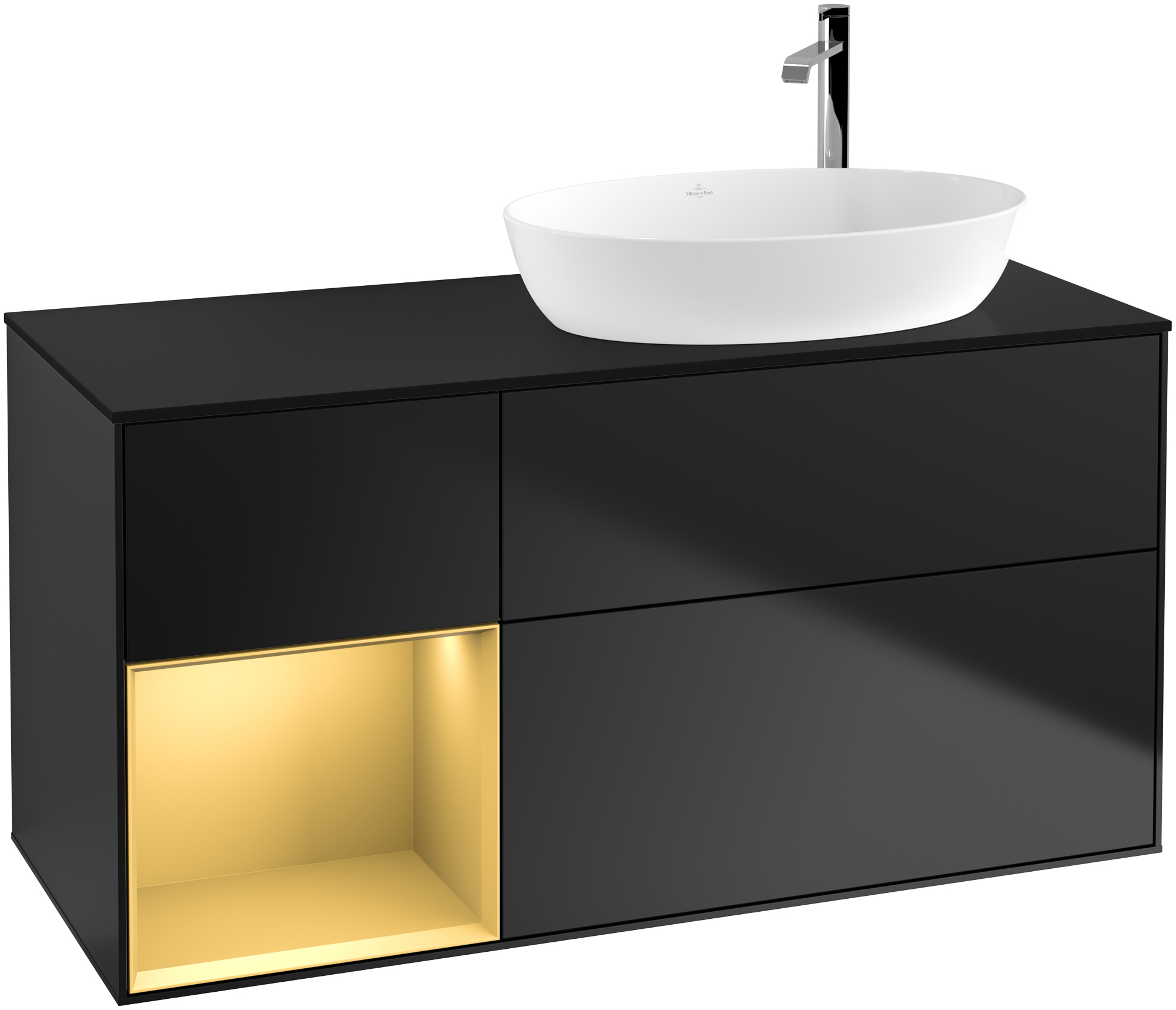 Villeroy & Boch Finion Waschbeckenunterschrank, mit Beleuchtung, 3 Auszüge, 1200x603x501mm, Korpus: Black Matt Lacquer, Front: Black Matt Lacquer, Regalelement: Gold Matt Lacquer, Abdeckplatte: Glass Black Matt